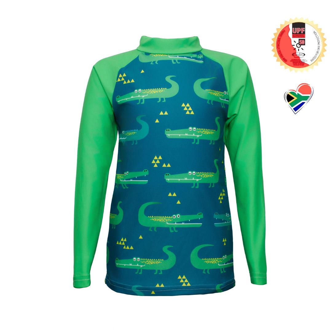 Boys Crocodile Rash Vest. Swim wear. Swim apparel. Long Sleeves, High Neck, UPF50+ Sun protection. Dermatologist approved