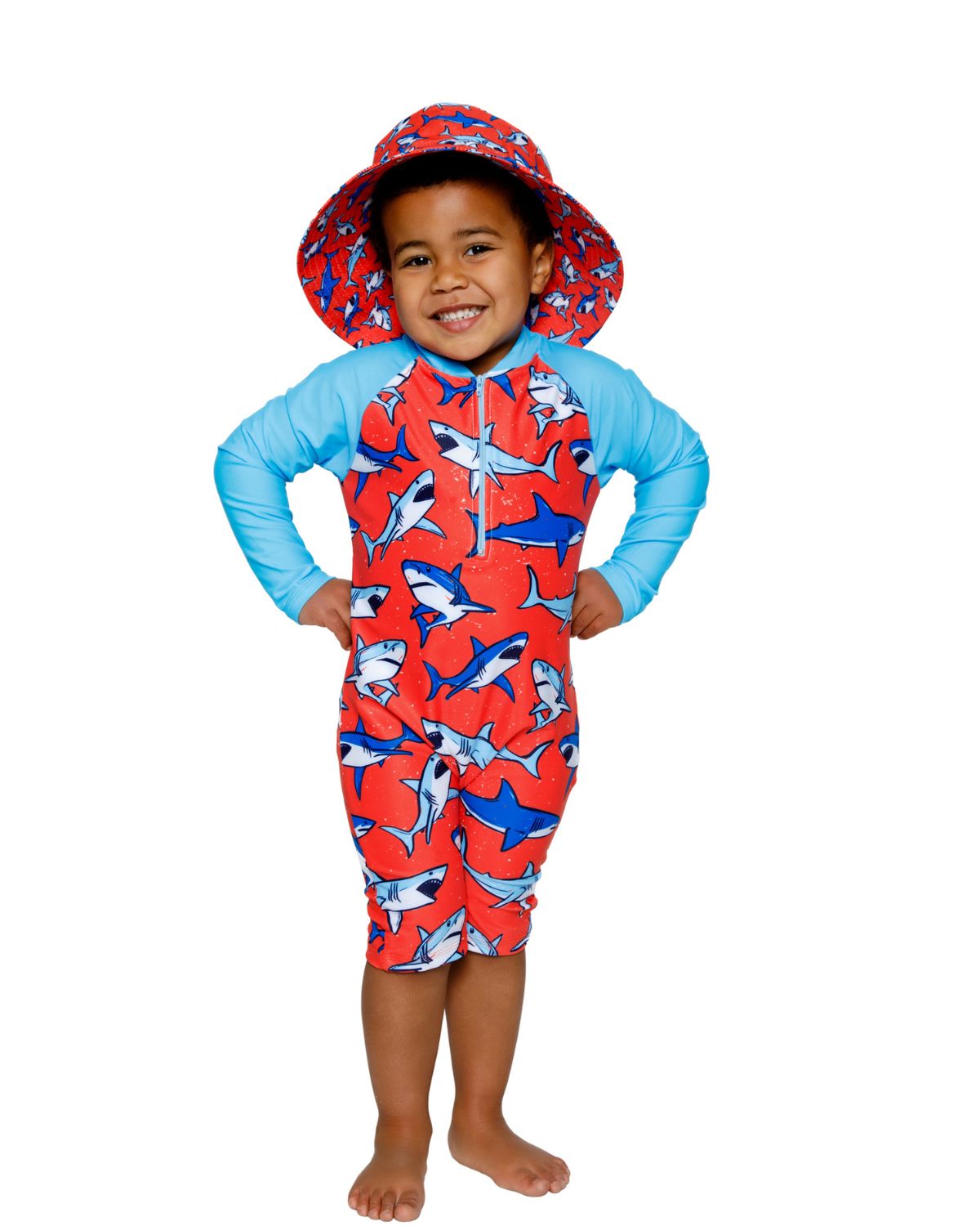 Boys Orange Sharks|Swim Onesie, Bathing Suit