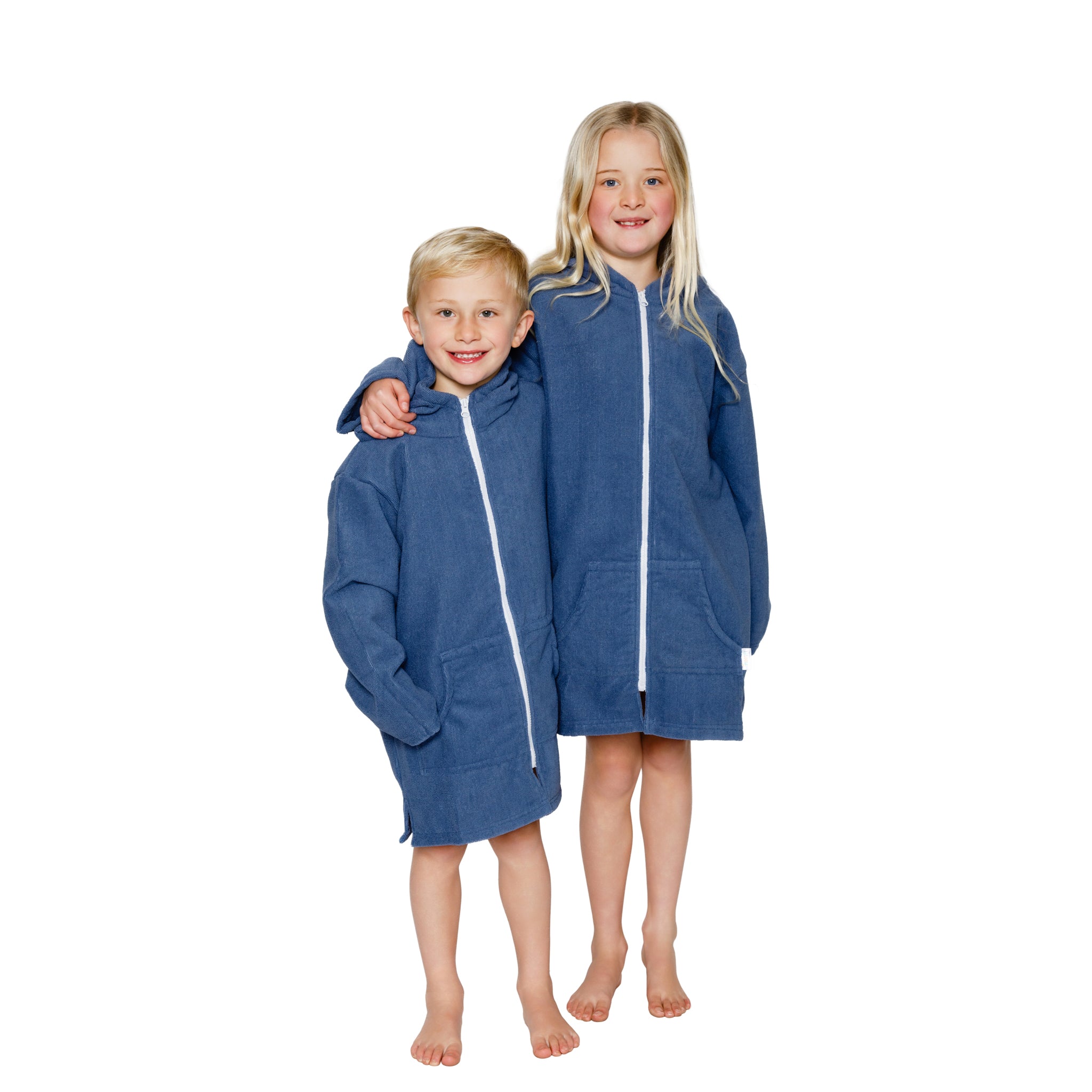 Kids Blue Navy Hooded Towel. Beach accessory. Hoodie to cover head. Long Sleeves. Front Zip & Pockets. UPF50+ Certified
