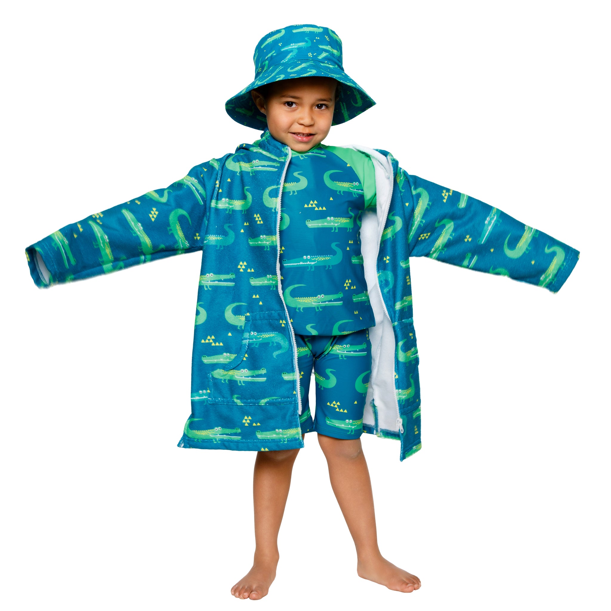 Boys Crocodiles Hooded Towel. Beach accessory. Hoodie to cover head. Long Sleeves. Front Zip & Pockets. UPF50+ Certified