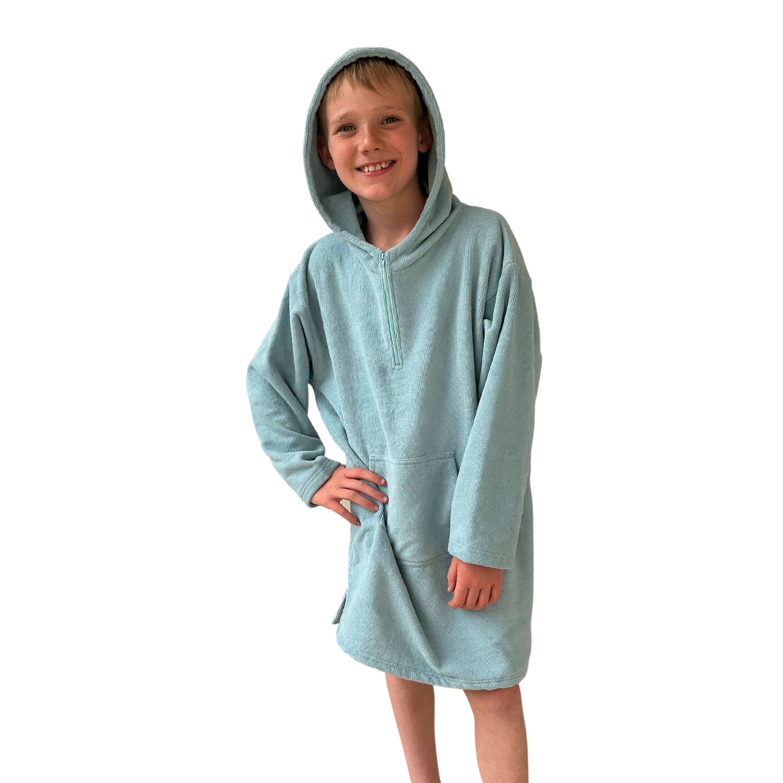 Kids Teal Green Hooded Towel. Beach accessory. Hoodie to cover head. Long Sleeves. Front Zip & Pockets. UPF50+ Certified