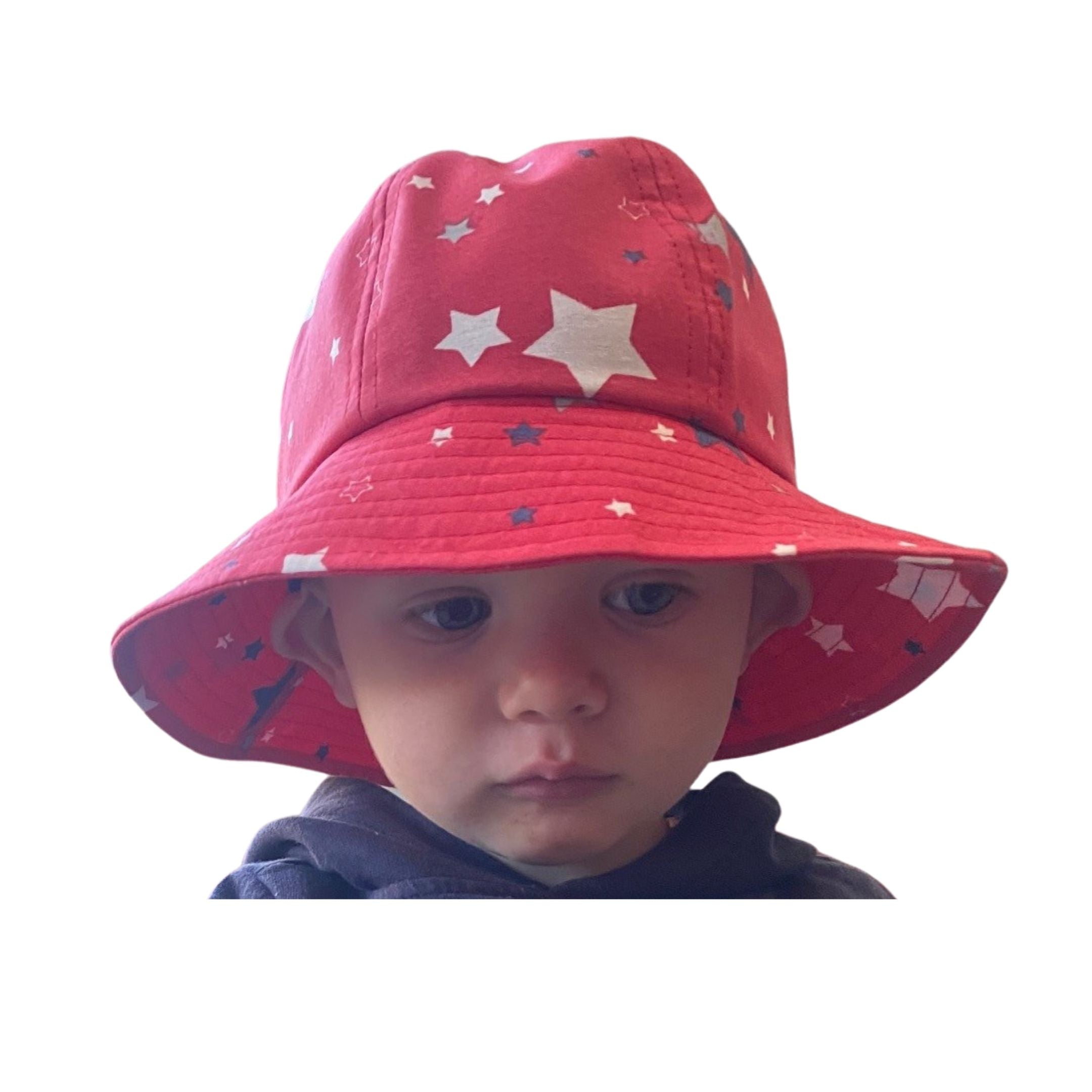 Toddler Baby Red with stars sun Hat. Extra wide brim for sun protection. UPF50+ Adjustable strap.