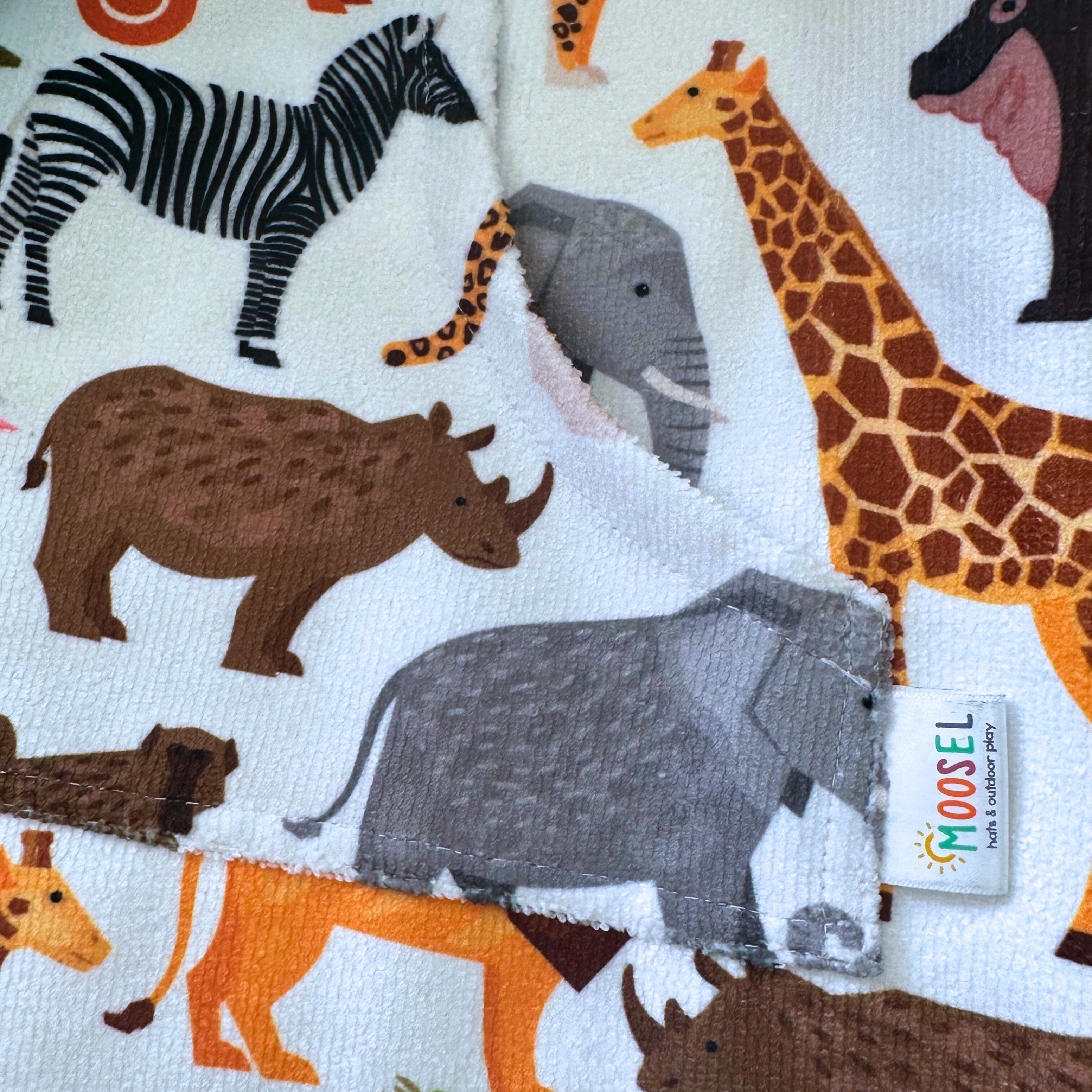 Kids Safari Animals Hooded Towel. Beach accessory. Hoodie to cover head. Long Sleeves. Front Zip & Pockets. UPF50+ Certified
