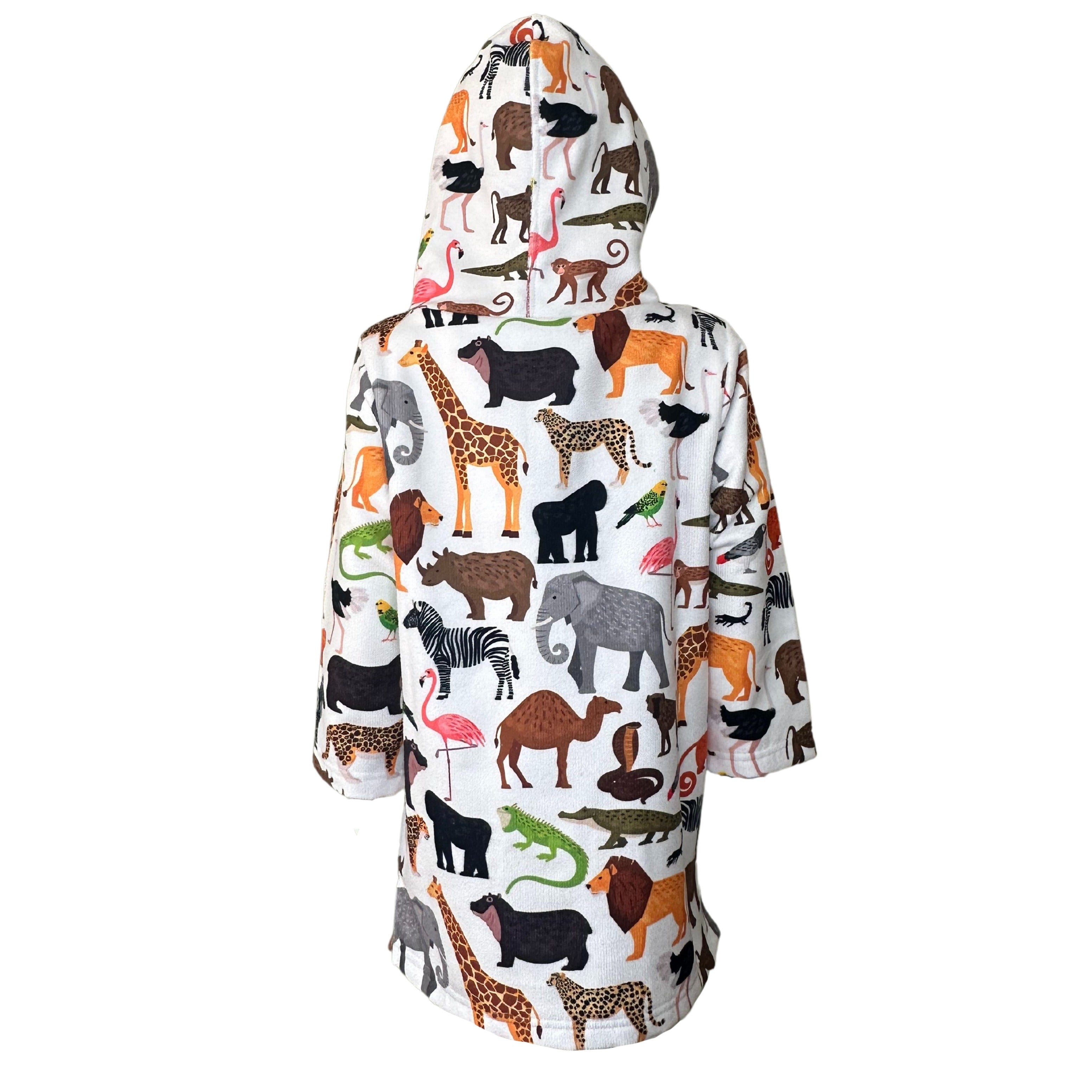 Kids Safari Animals Hooded Towel. Beach accessory. Hoodie to cover head. Long Sleeves. Front Zip & Pockets. UPF50+ Certified