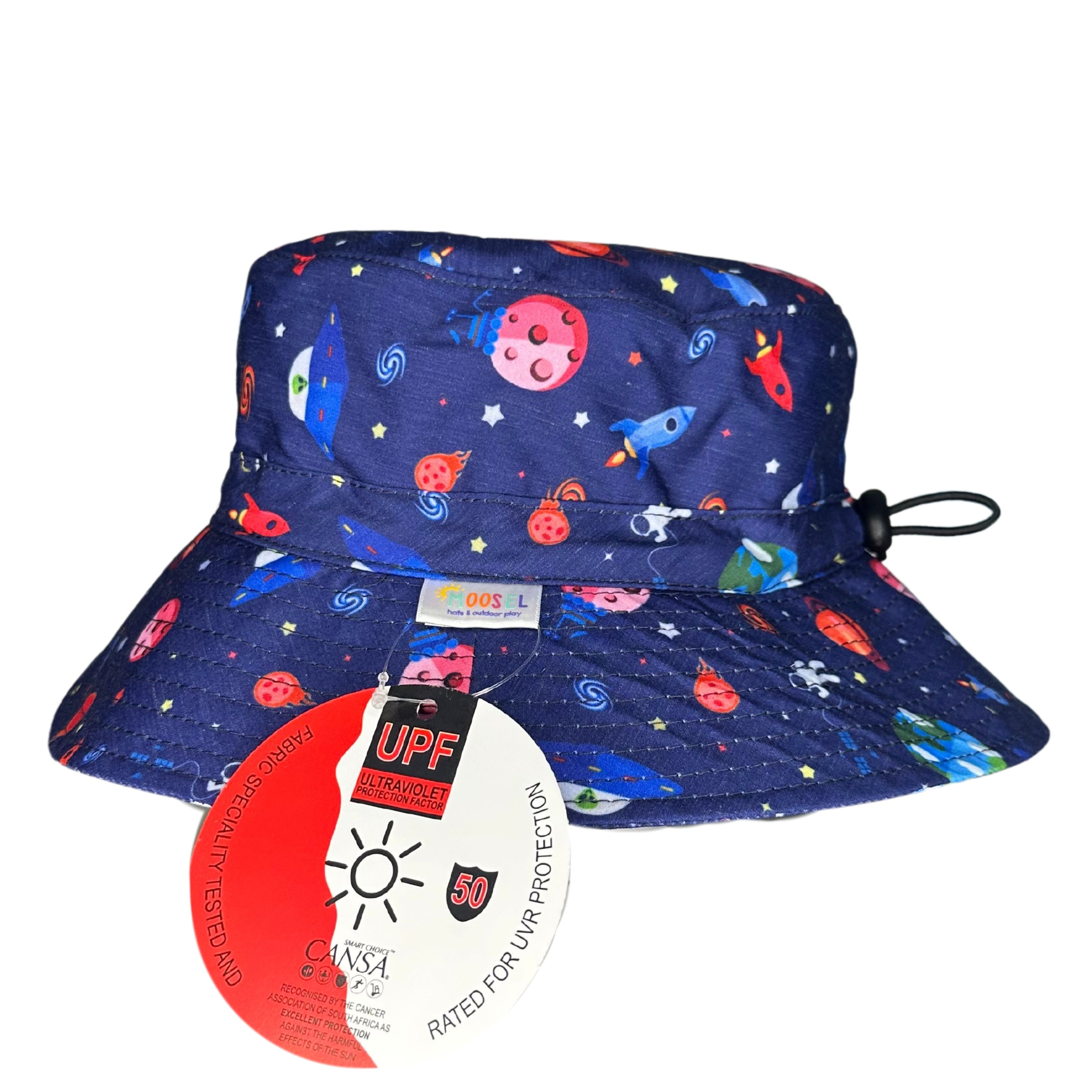 Boys Navy Space Rockets Planets Bucket Hat. Extra wide brim for sun protection. UPF50+ Adjustable strap.