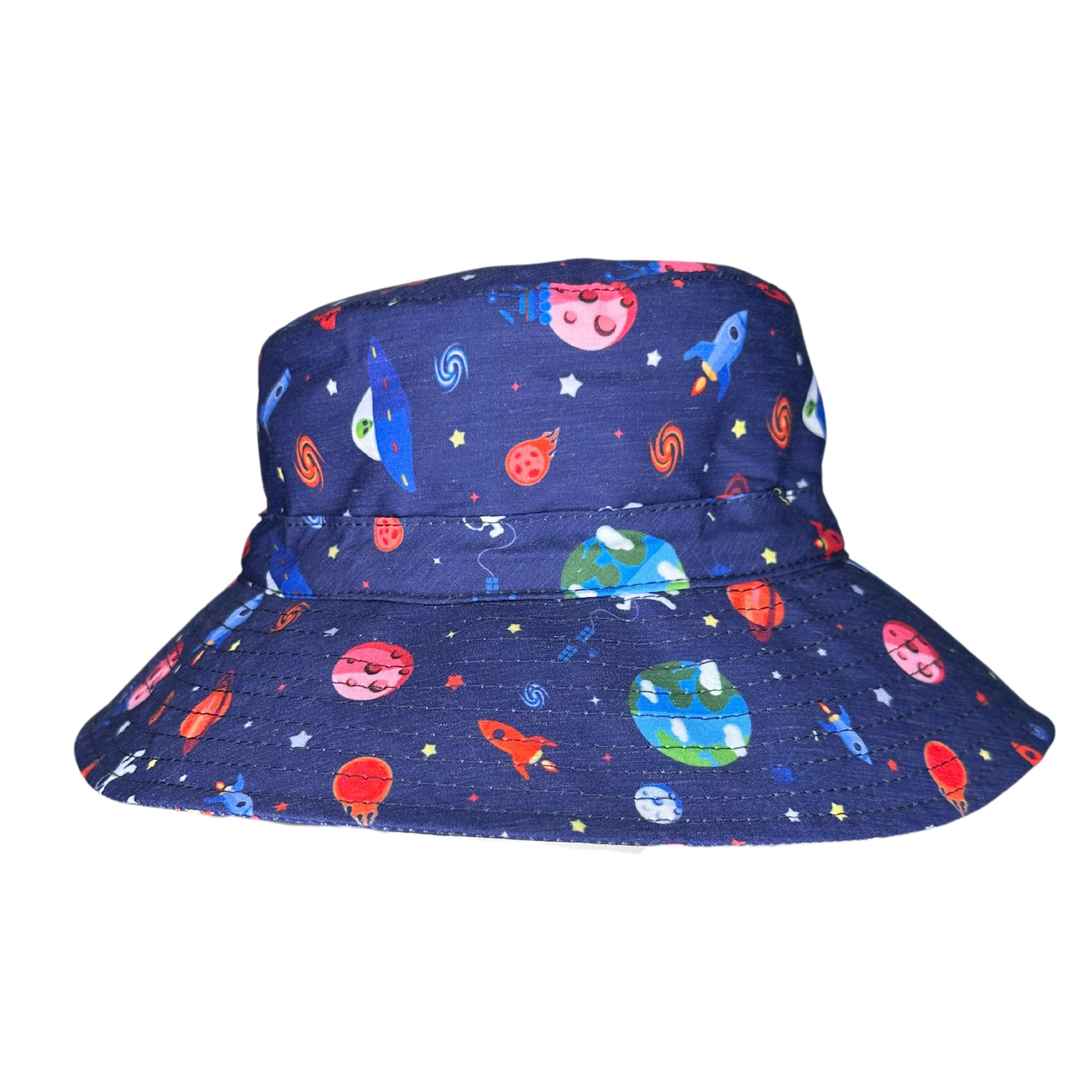 Boys Navy Space Rockets Planets Bucket Hat. Extra wide brim for sun protection. UPF50+ Adjustable strap.