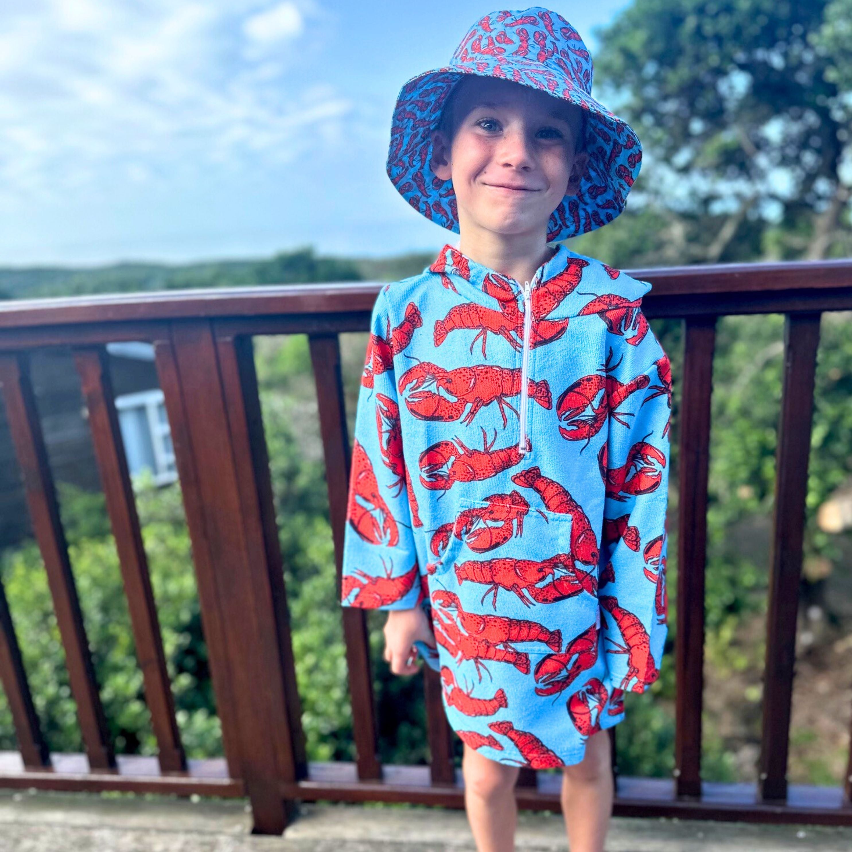 Boys Lobster Hooded Towel. Beach accessory. Hoodie to cover head. Long Sleeves. Front Zip & Pockets. UPF50+ Certified