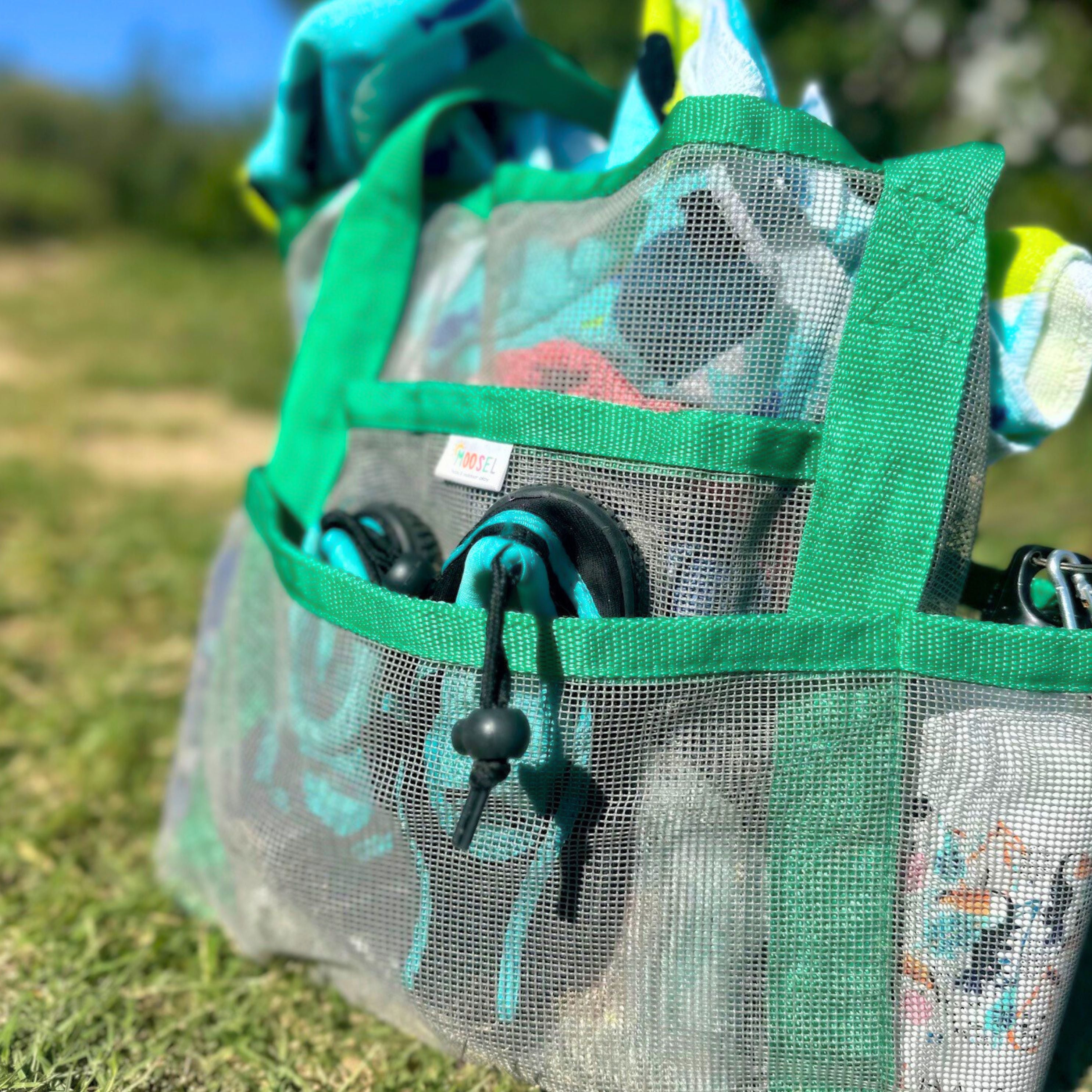 Women Pink Beach Bag. Made from mesh fabric to remove dirt & sand. Multiple compartments. Key holder. Best beach bag or bag for moms