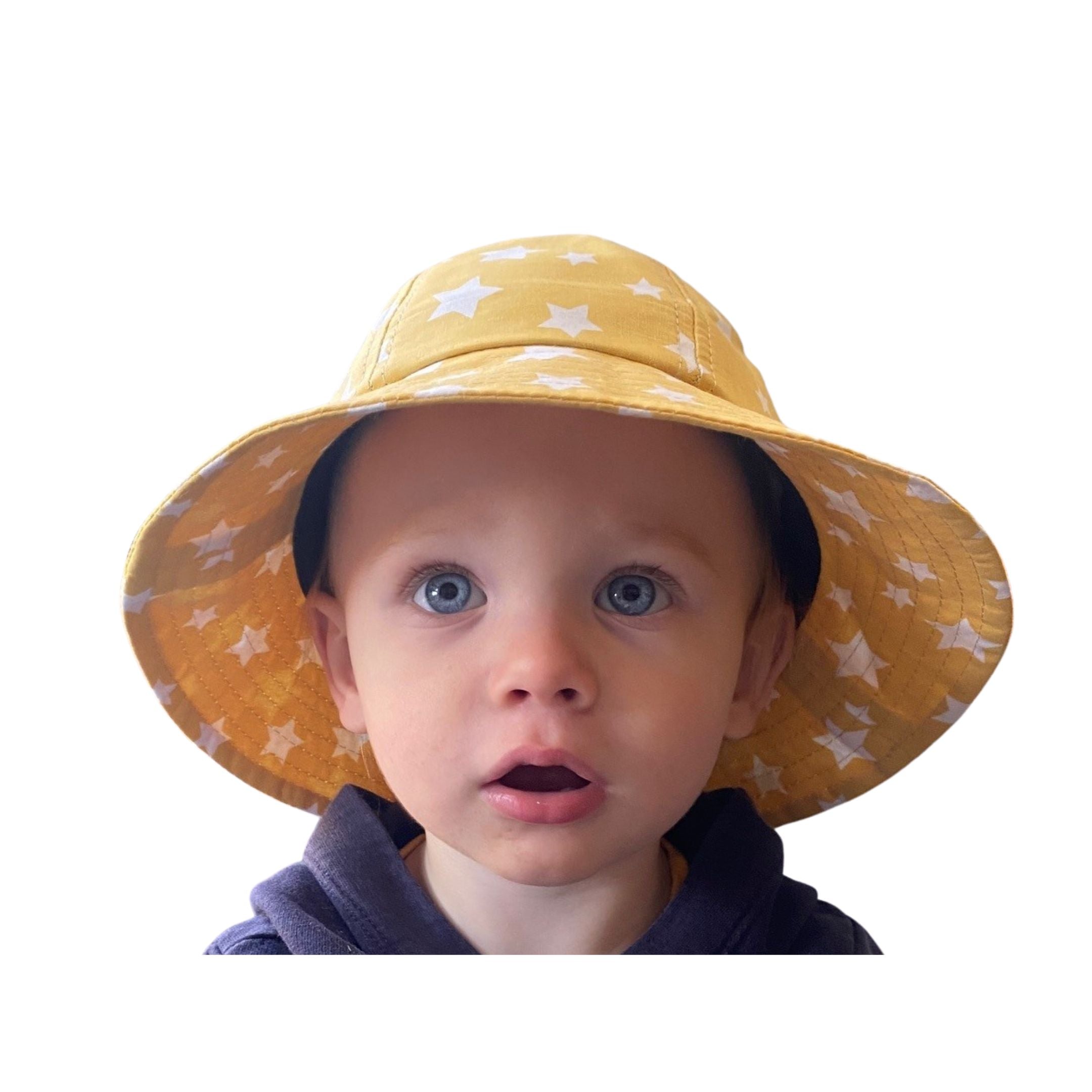 Toddler Baby Yellow with Stars Sun Hat . Extra wide brim for sun protection. UPF50+
