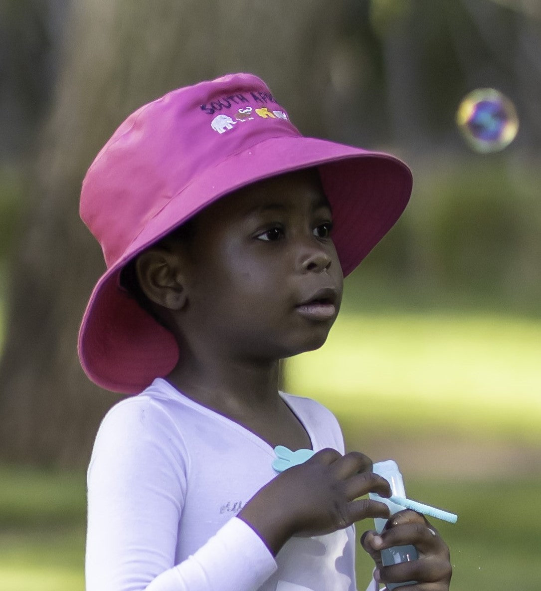 Kids Pink South Africa Big five 5 animals Bucket Hat. Extra wide brim for sun protection. UPF50+ Adjustable strap.
