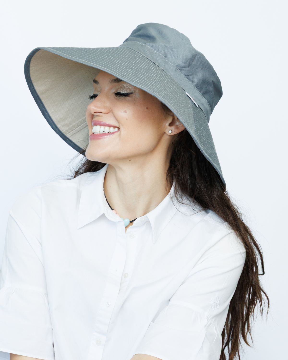 Ladies Bucket Hat - Ultra Wide Brim - Grey & Beige