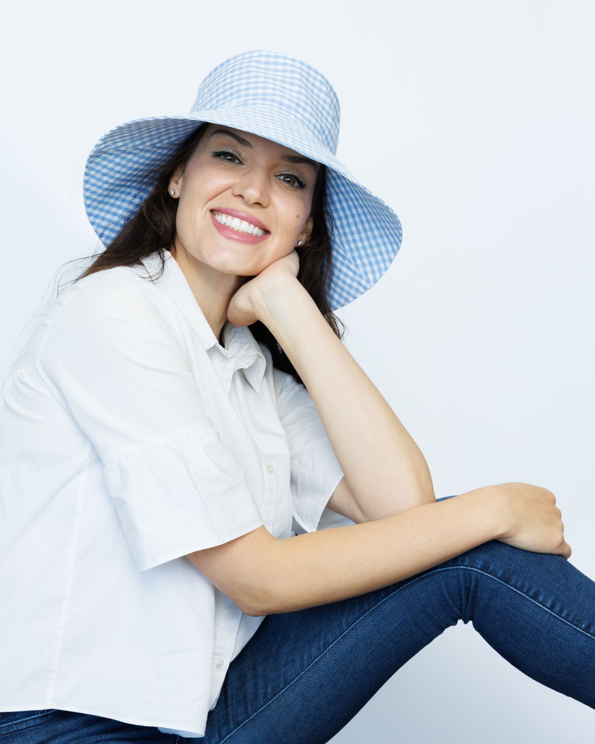 Gingham Ladies Bucket Hat - Ultra Wide Brim - Blue