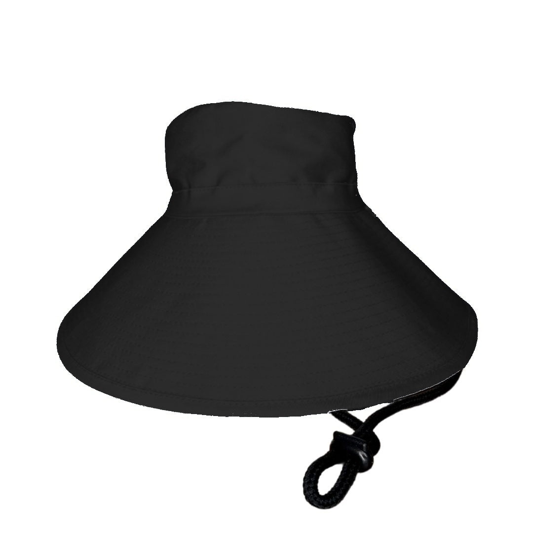 Chin Strap Ladies Bucket Hat - Ultra Wide Brim - Black & Beige