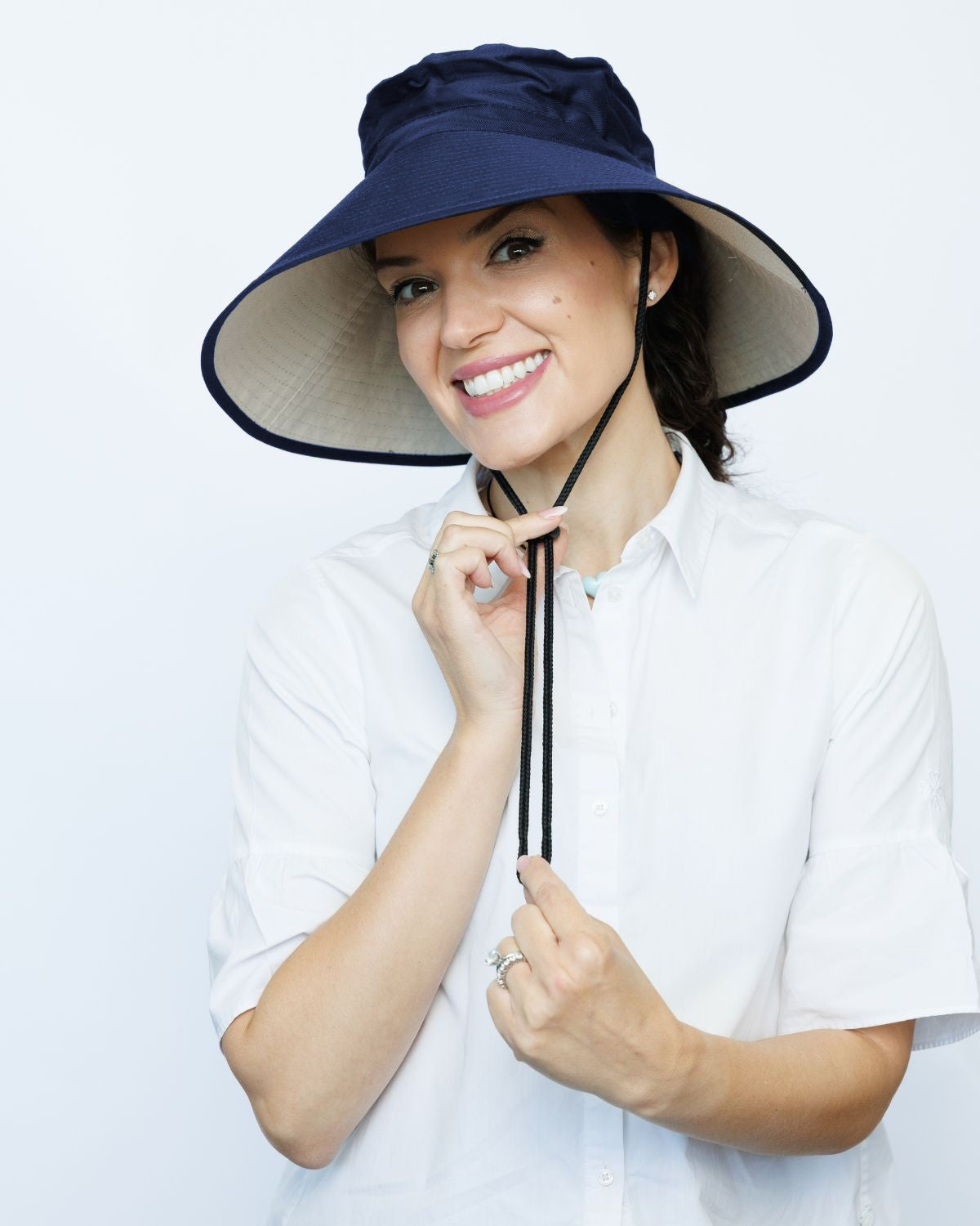 Chin Strap Ladies Bucket Hat - Ultra Wide Brim - Navy & Beige