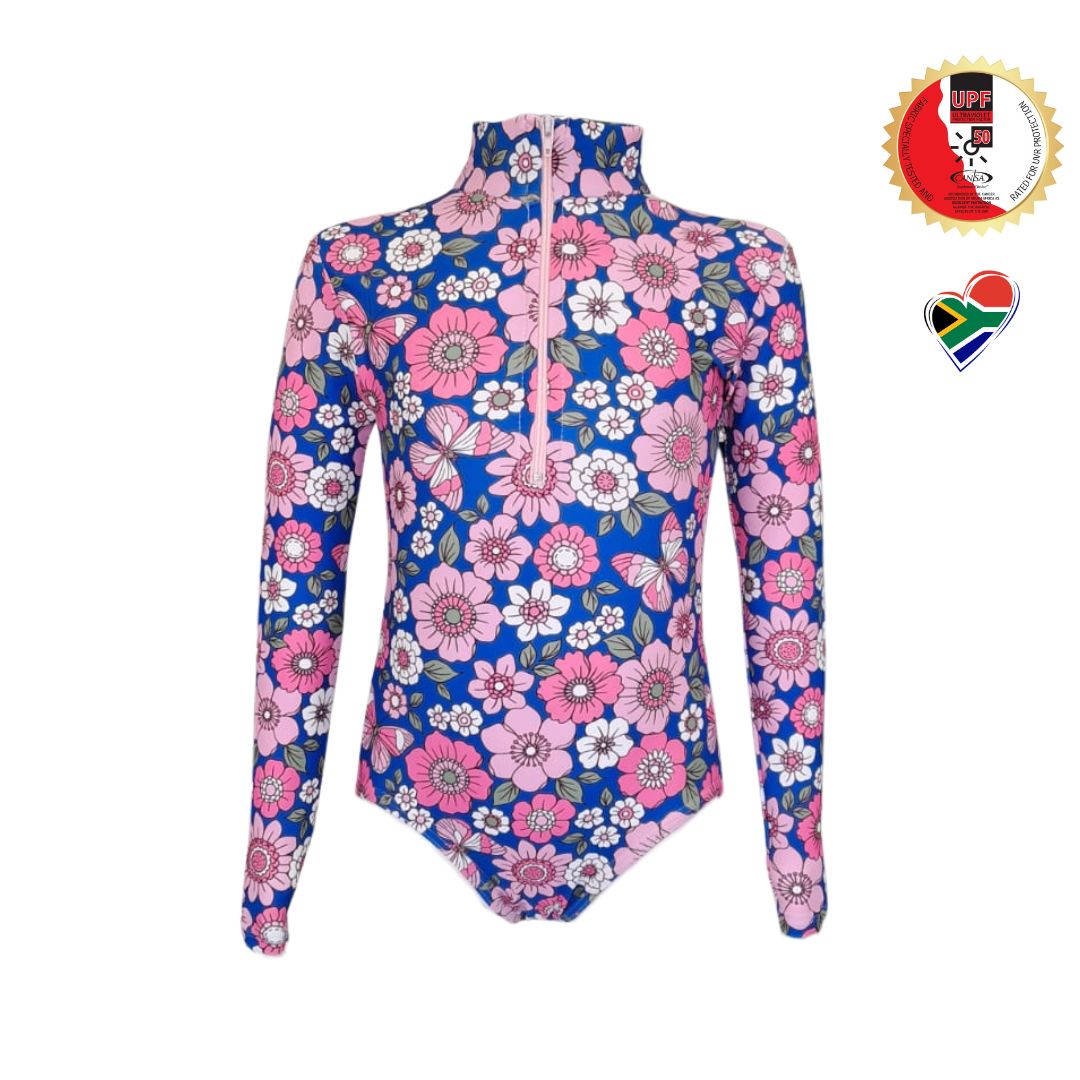 Girls Pink Flower Power Swim Costume | Long Sleeve, Front Zip
