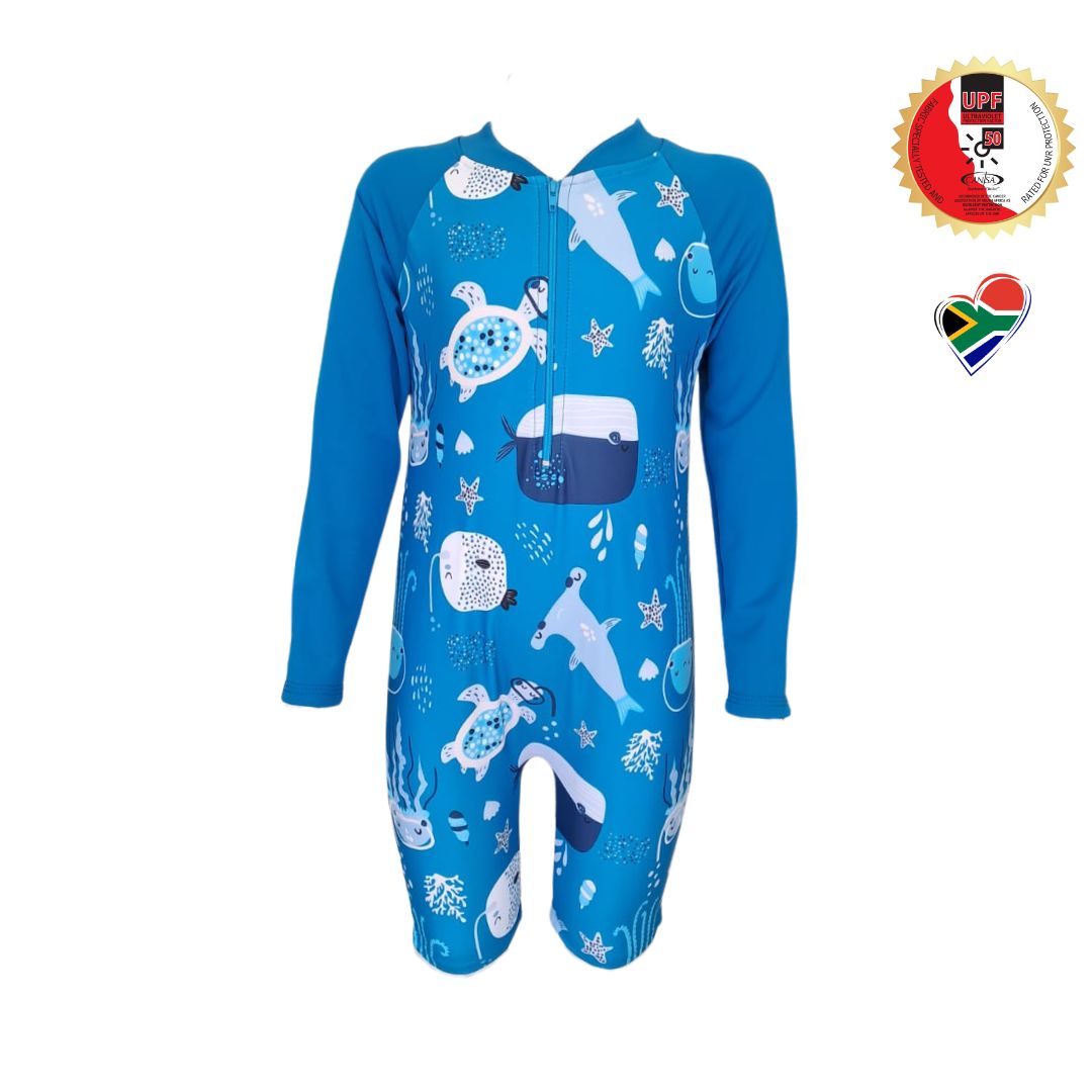 Boys Sea Creatures Swim Onesie | Long Sleeve, Front Zip