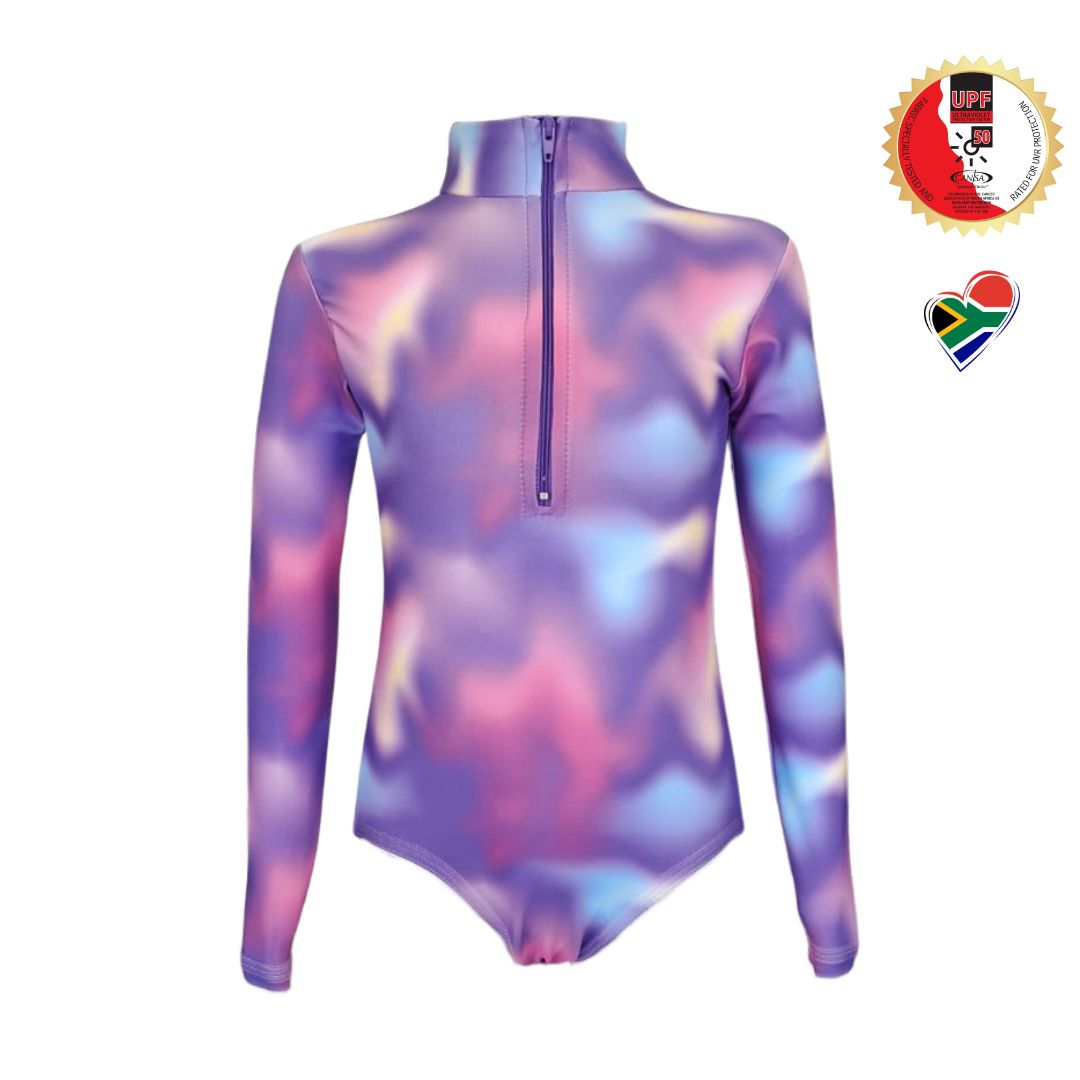 Girls Purple Lumo Swirl Swim Costume | Long Sleeve, Front Zip