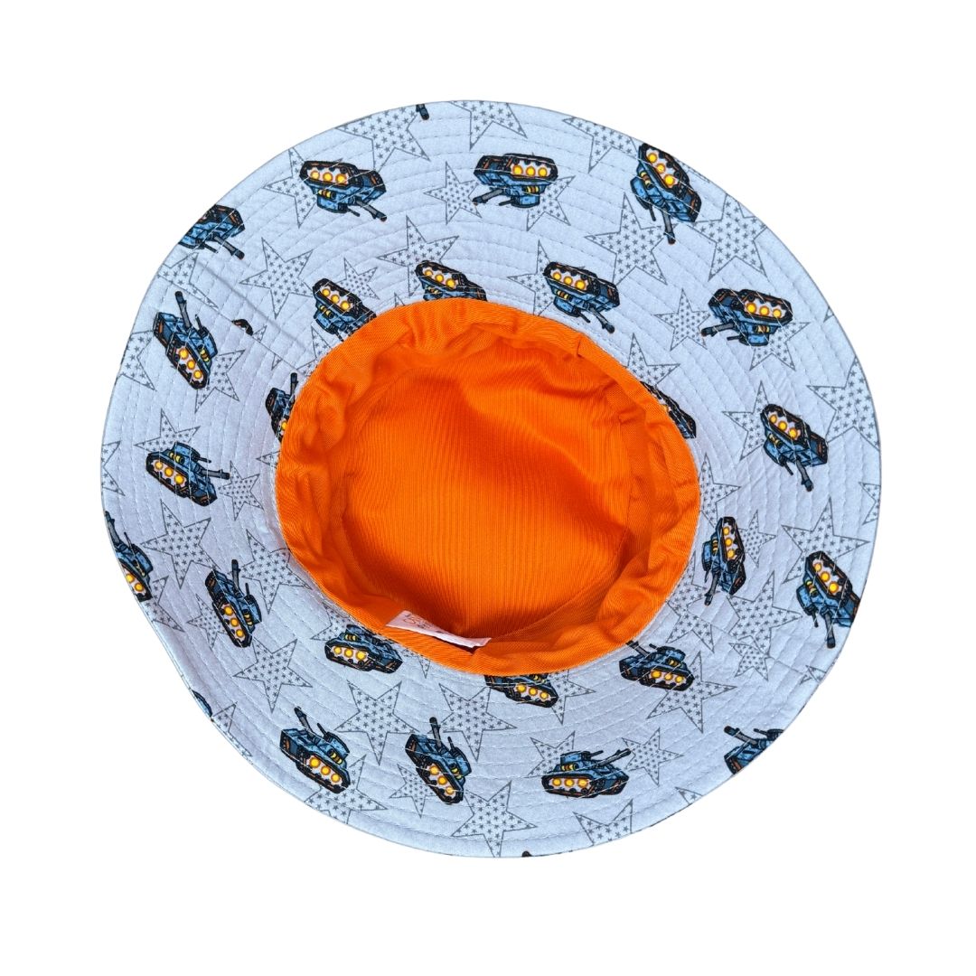 Grey Fabric Army Tank Cadets Print Bucket Hat. Extra wide brim for sun protection. UPF50+ Adjustable strap for windy days. 