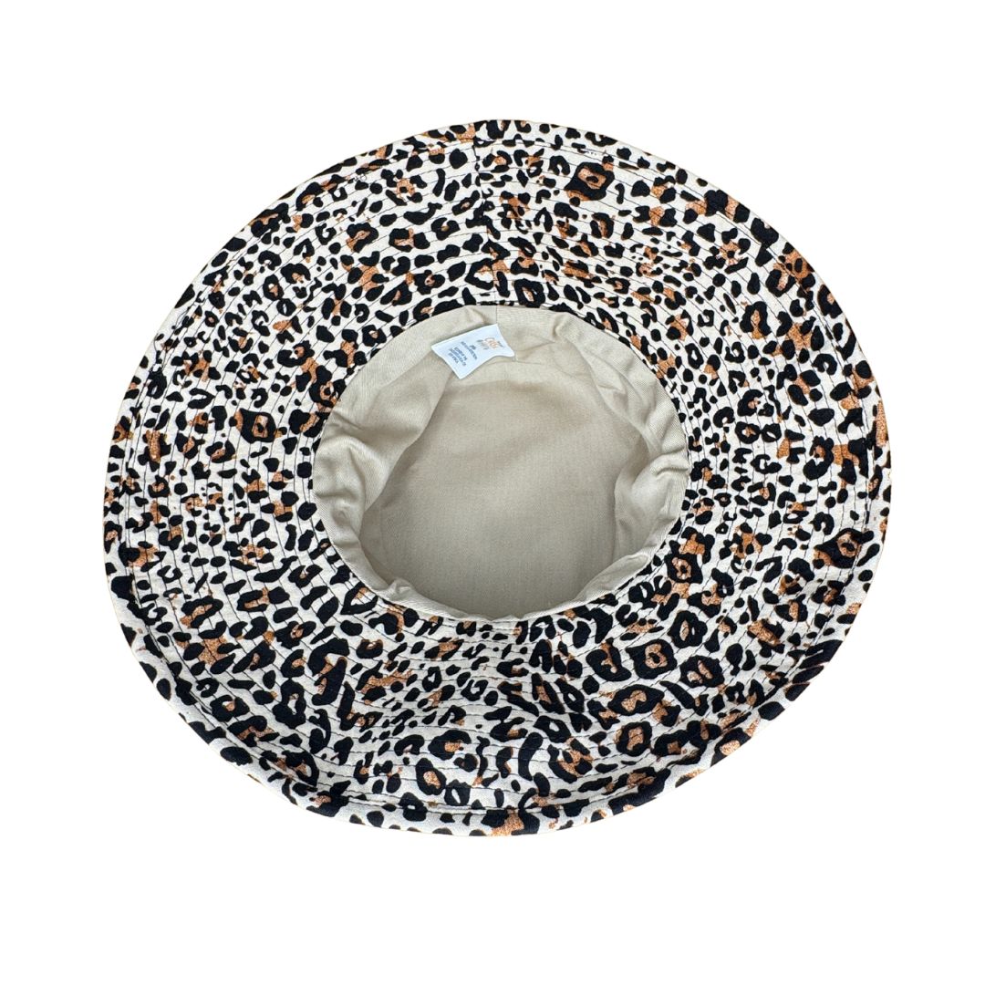Womens Classic Leopard Print bucket hat. Cancer Association & Dermatologist approved, UPF50 sun protection. Adjustable strap & extra wide brim. 