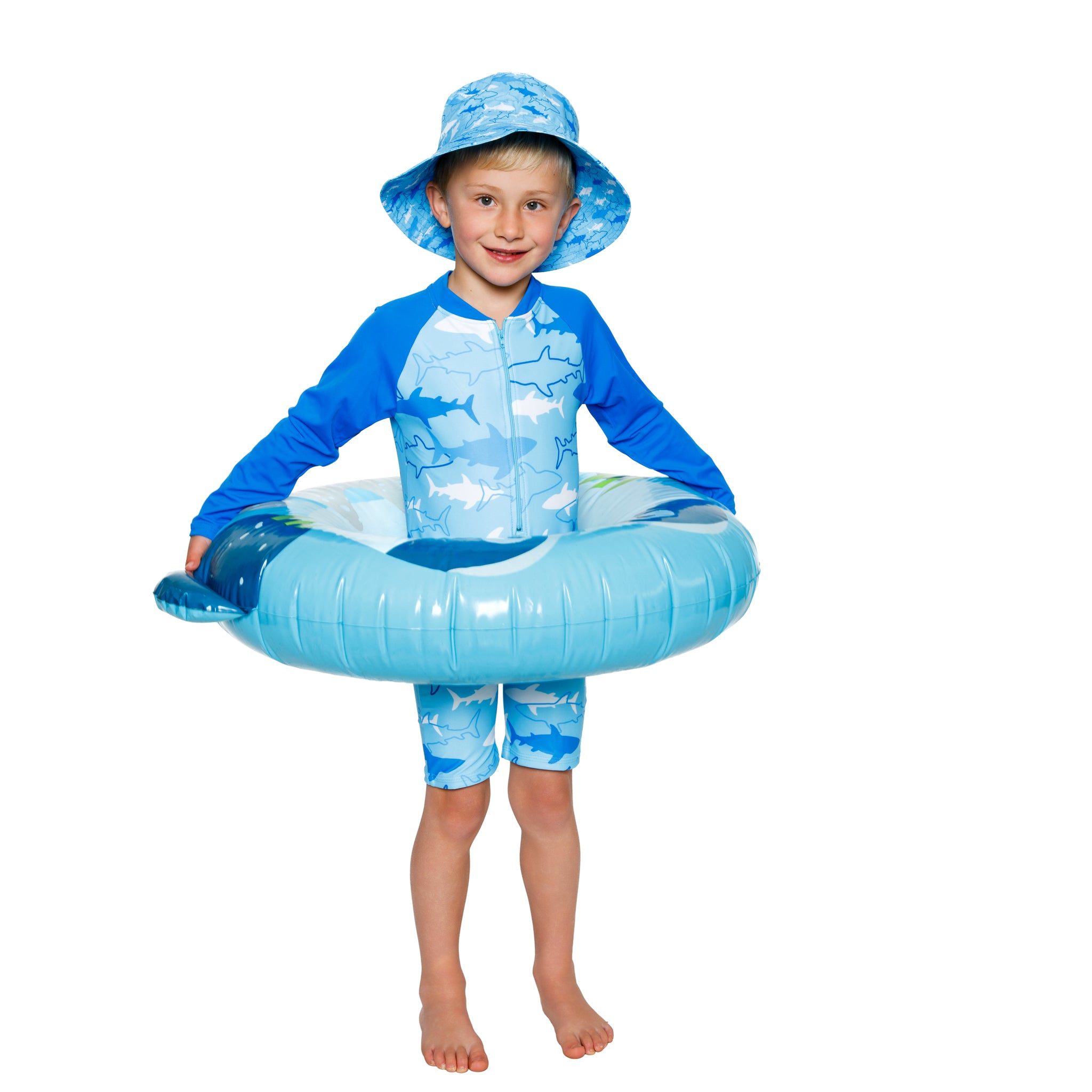 Boys blue sharks Swim Onesue Bathing Suit in bright vibrant colours. Long sleeves, high neck cover. UPF50+ certified. Front zip. Dermatologist approved