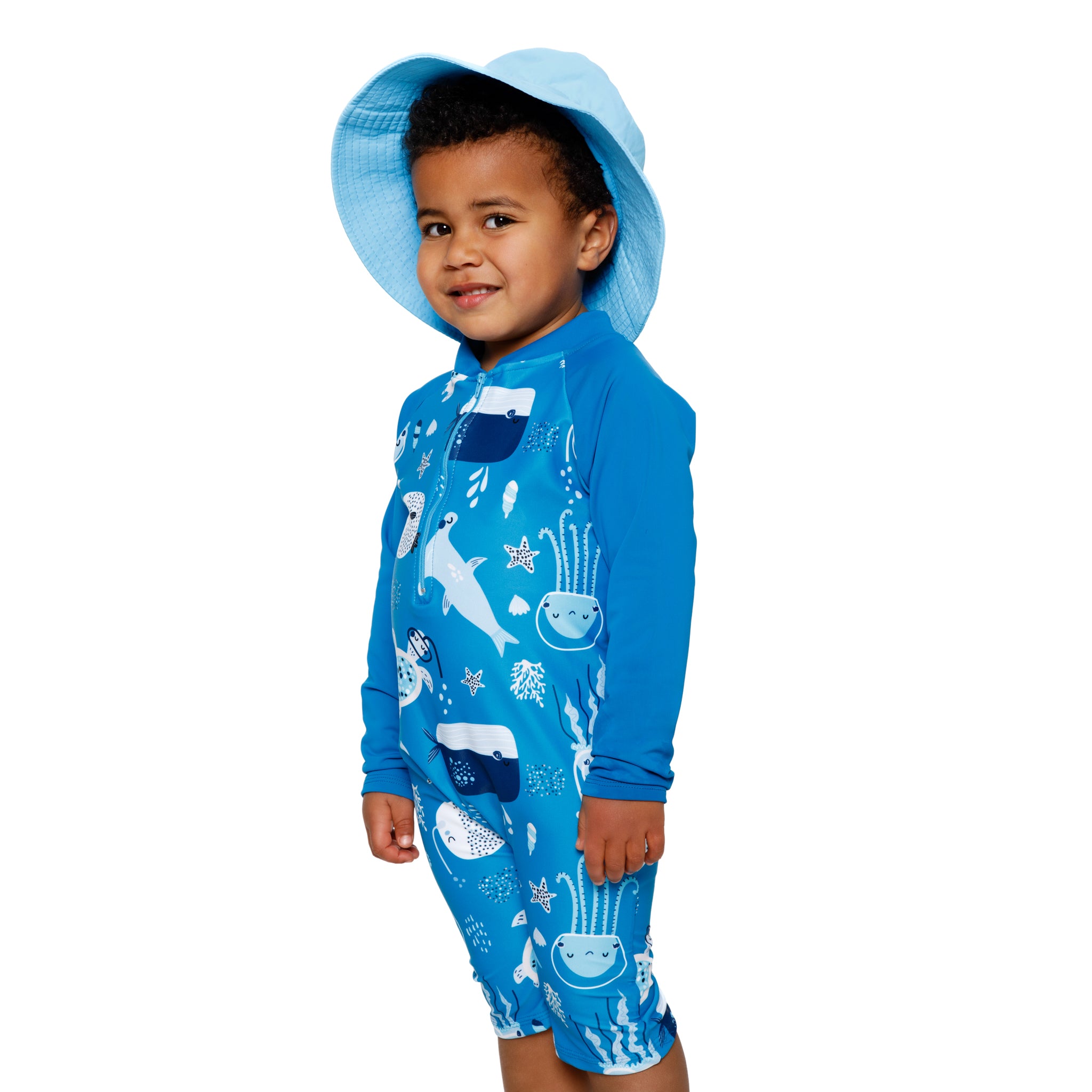 Boys Sea Creatures Swim Onesie | Long Sleeve, Front Zip
