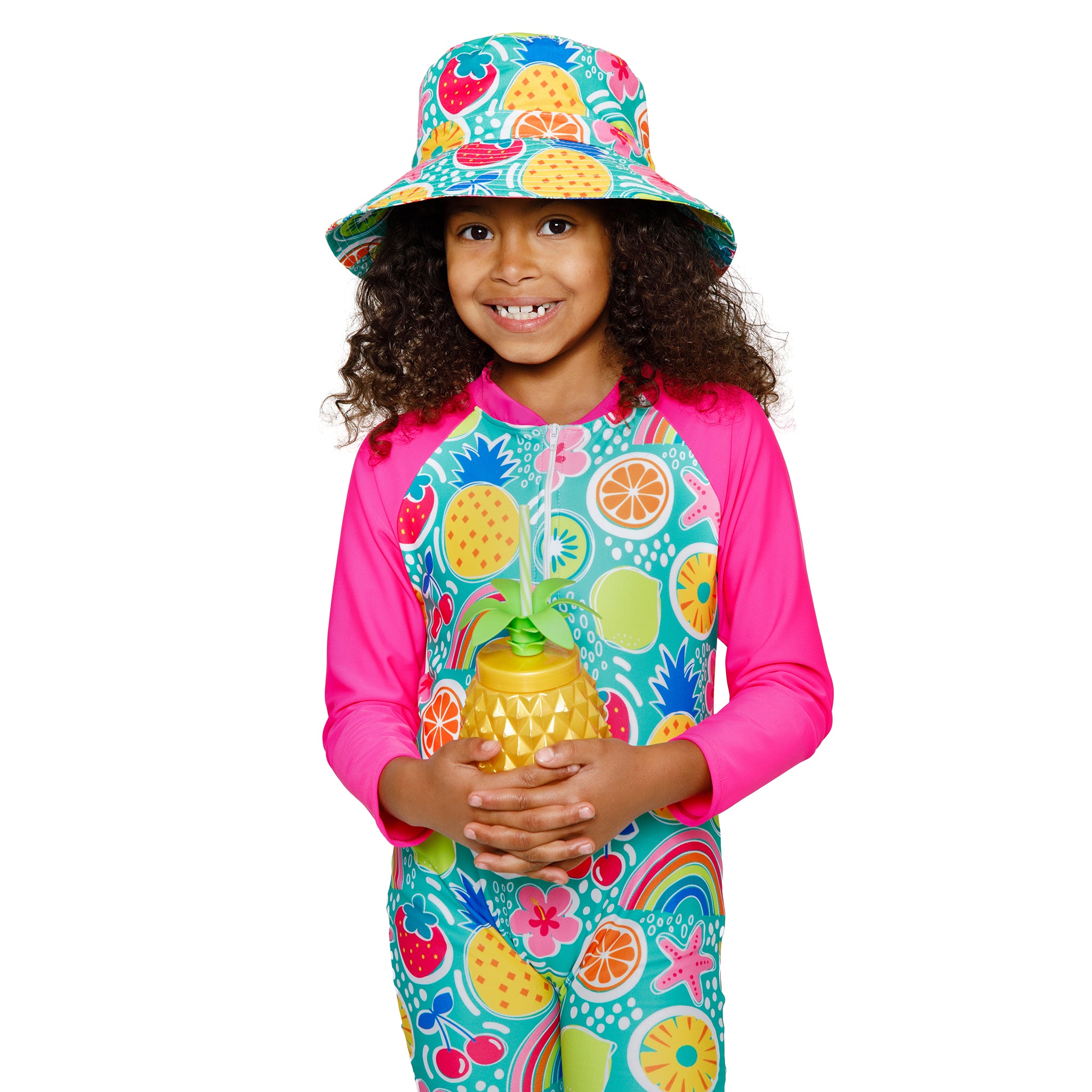 Girls pink tropical fruity Onesie in bright vibrant colours. Long sleeves, high neck cover. UPF50+ certified. Front zip. Dermatologist approved