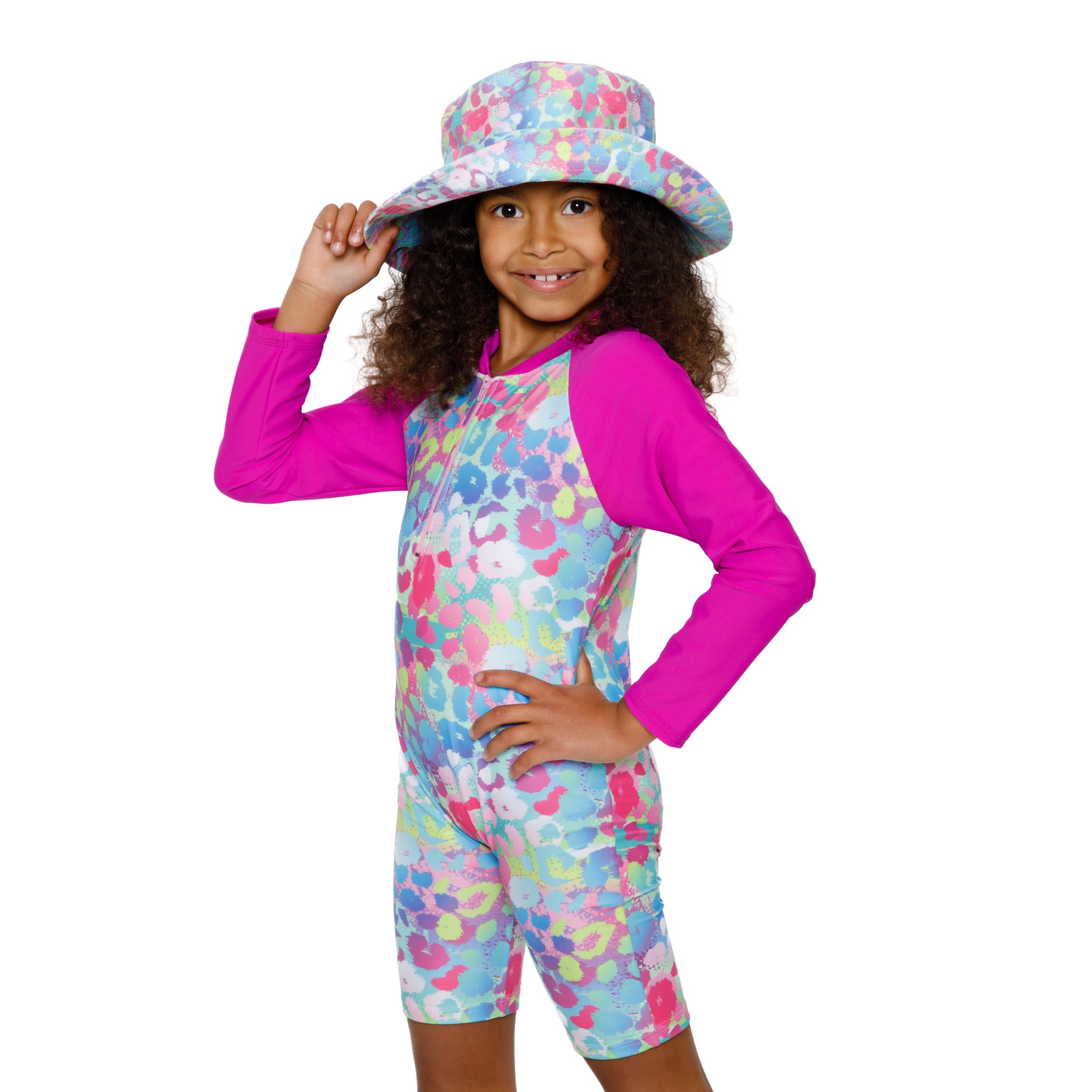 Pink leopard print Onesie in bright vibrant colours. Long sleeves, high neck cover. UPF50+ certified. Front zip. Dermatologist approved