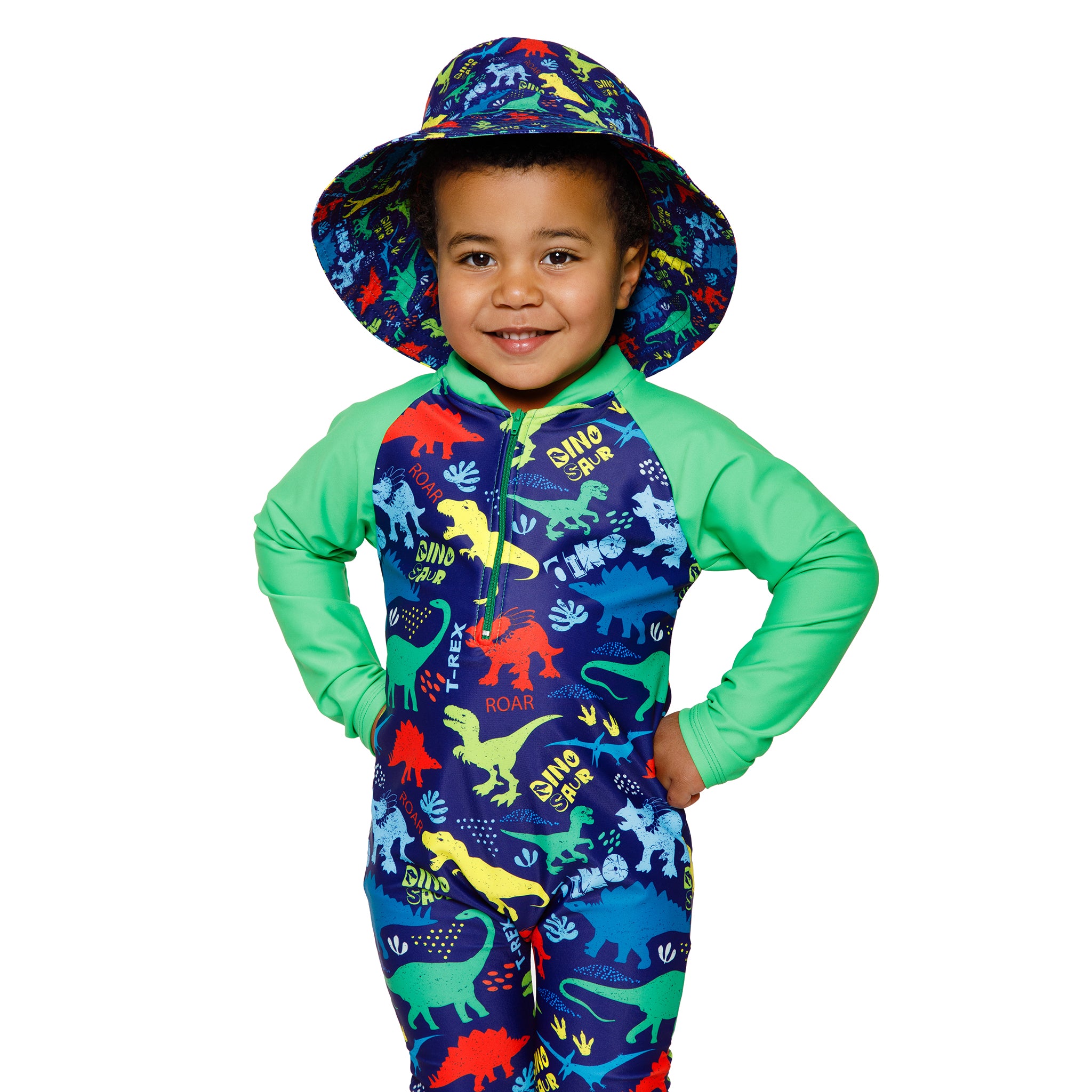Dinosaurs Print Onesie in bright vibrant colours. Long sleeves, high neck cover. UPF50+ certified. Front zip. Dermatologist approved