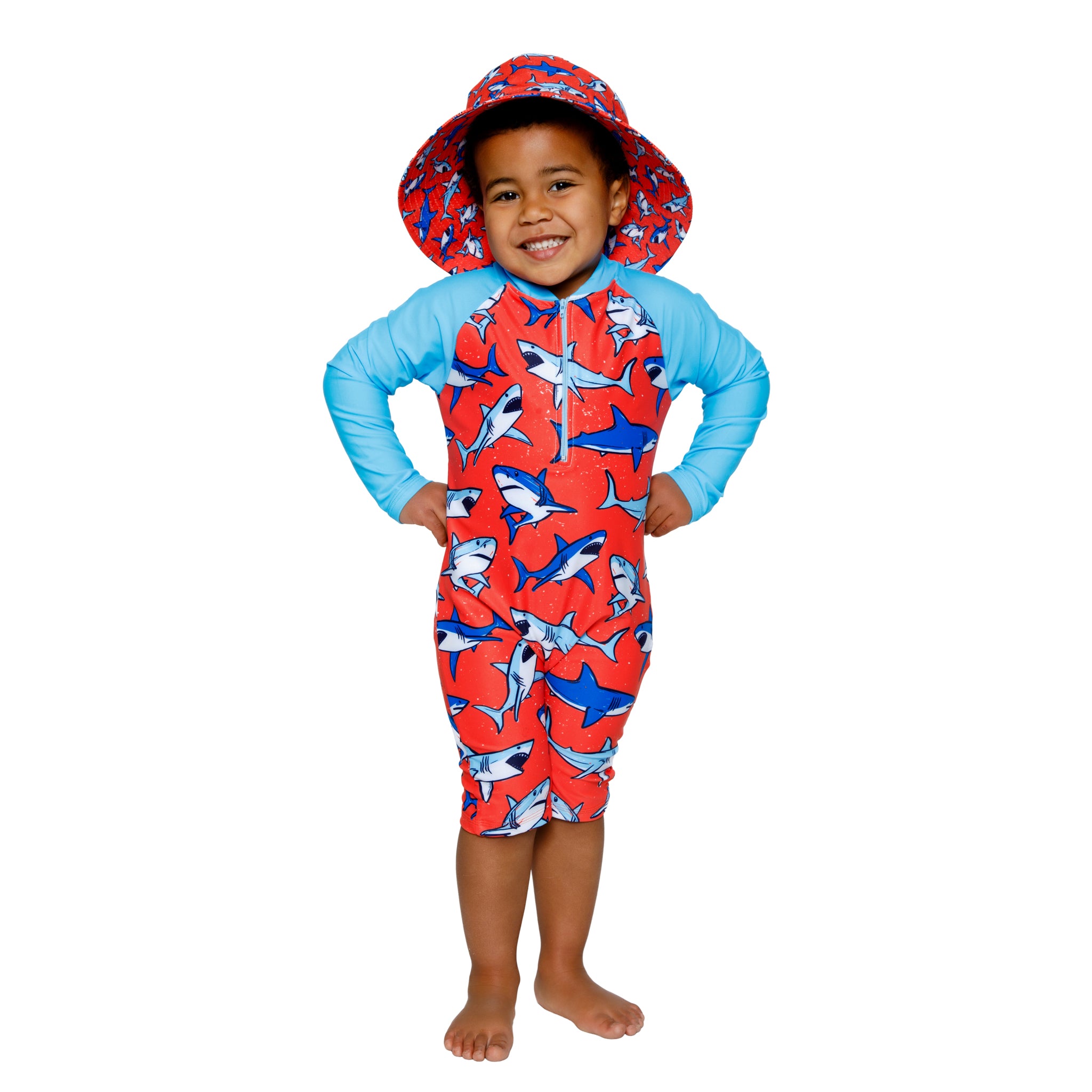Boys Orange & blue Swim Onesue Bathing Suit in bright vibrant colours. Long sleeves, high neck cover. UPF50+ certified. Front zip. Dermatologist approved