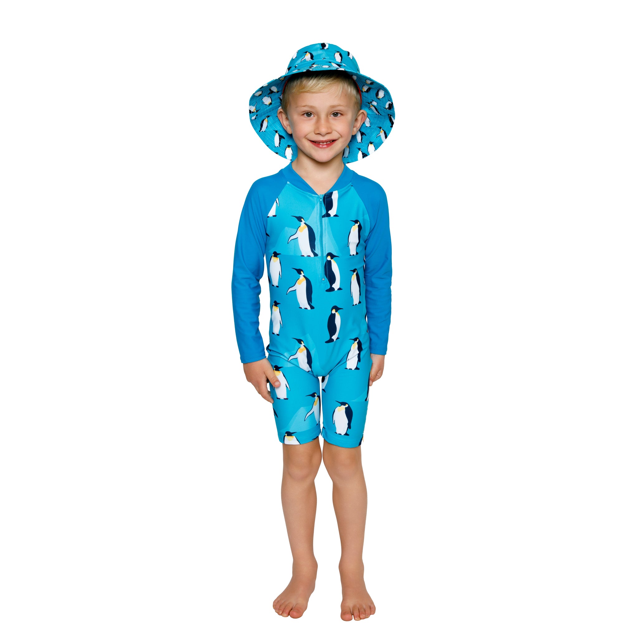 Penguins Onesie in bright vibrant colours. Long sleeves, high neck cover. UPF50+ certified. Front zip. Dermatologist approved