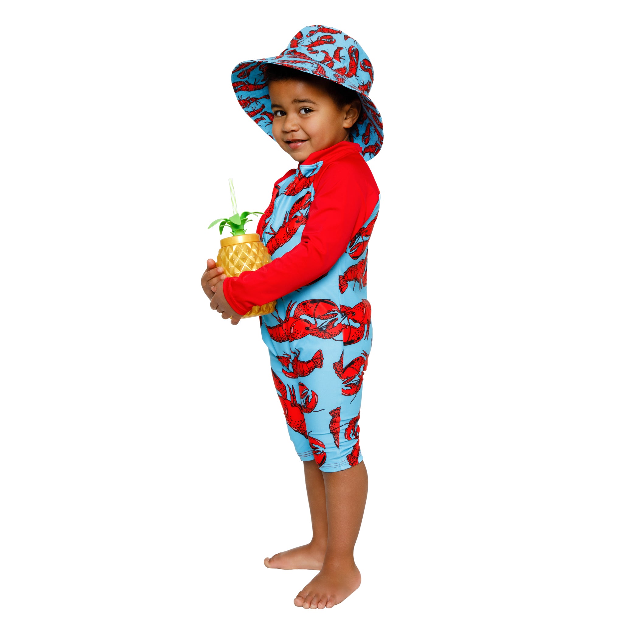 Boys blue & red Onesie in bright vibrant colours. Long sleeves, high neck cover. UPF50+ certified. Front zip. Dermatologist approved