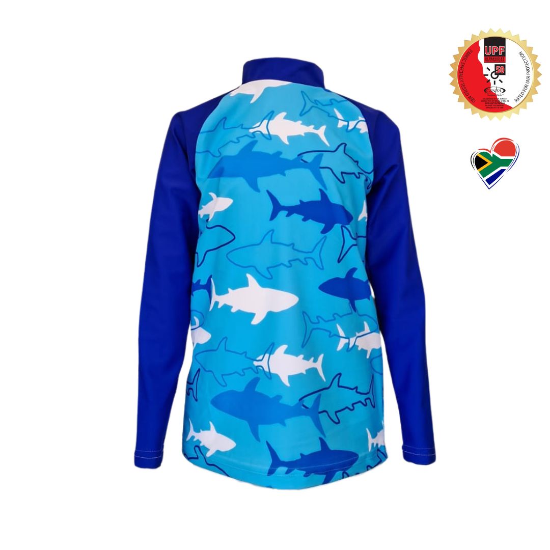 Boys Blue Sharks Swim Rash Vest | Long Sleeve, High Neck