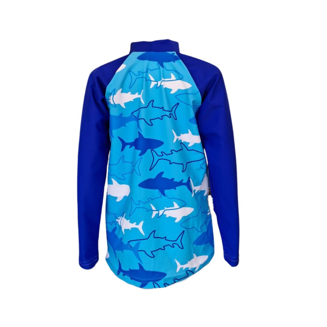 Boys Blue Sharks Swim Rash Vest | Long Sleeve, High Neck