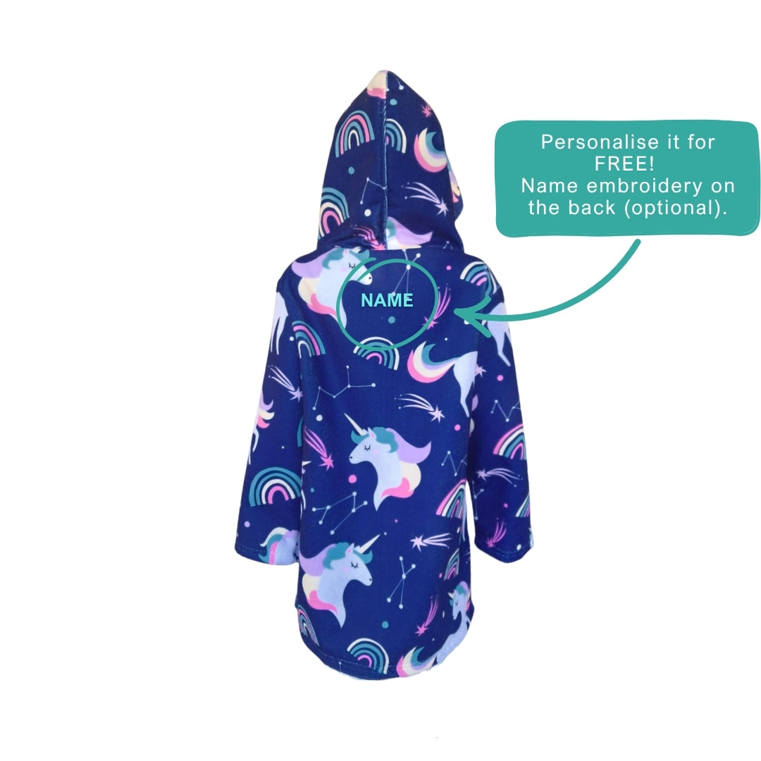 Girls Unicorn Hooded Towel | Front Zip, Long Sleeve