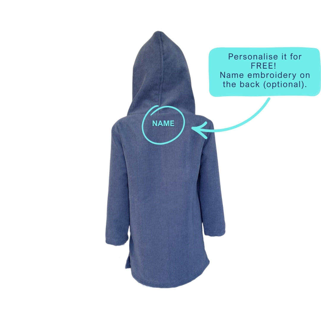 Kids Blue Hooded Towel | Front Zip, Long Sleeve