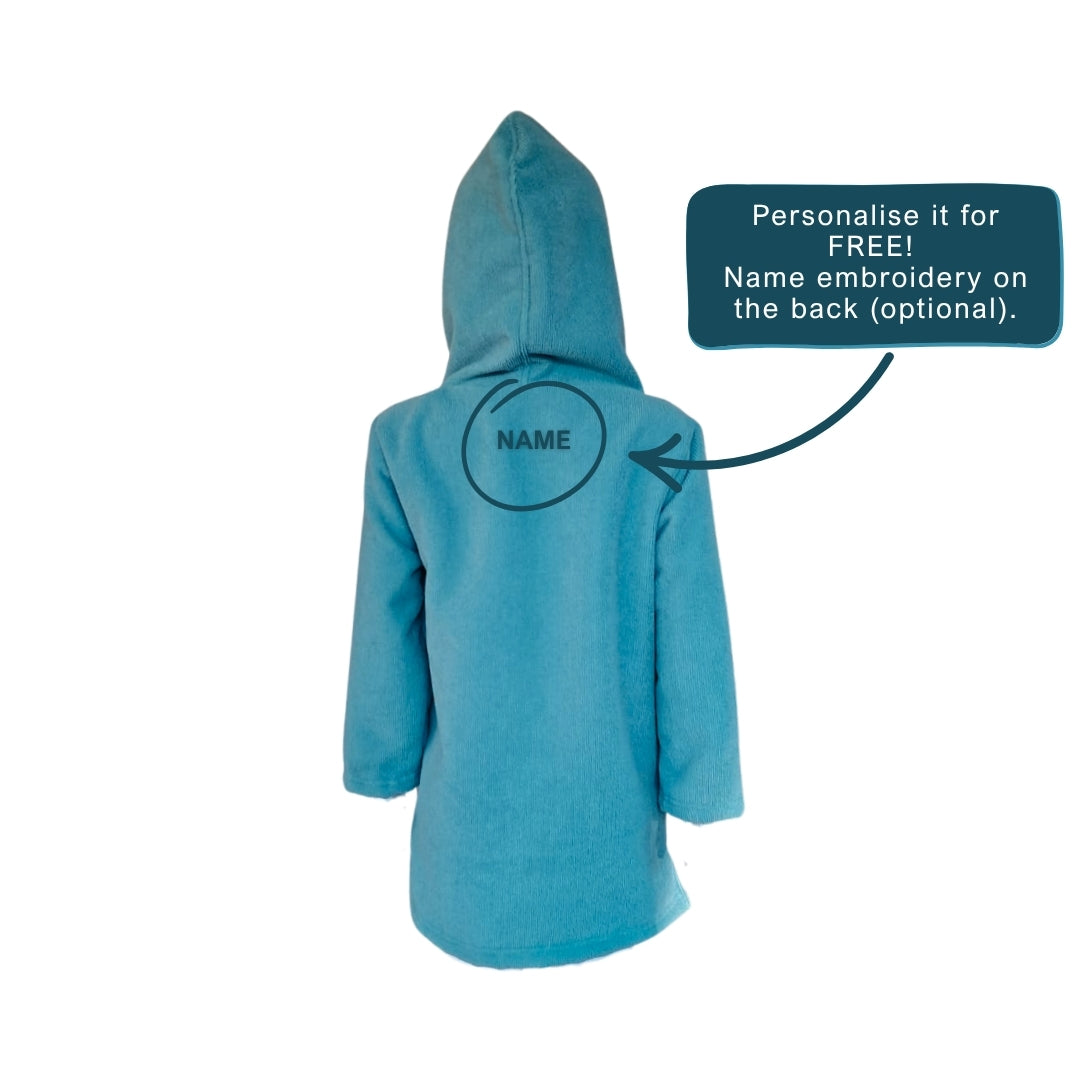 Kids Teal Hooded Beach Towel - Long Sleeve, Front Zip, Microfibre