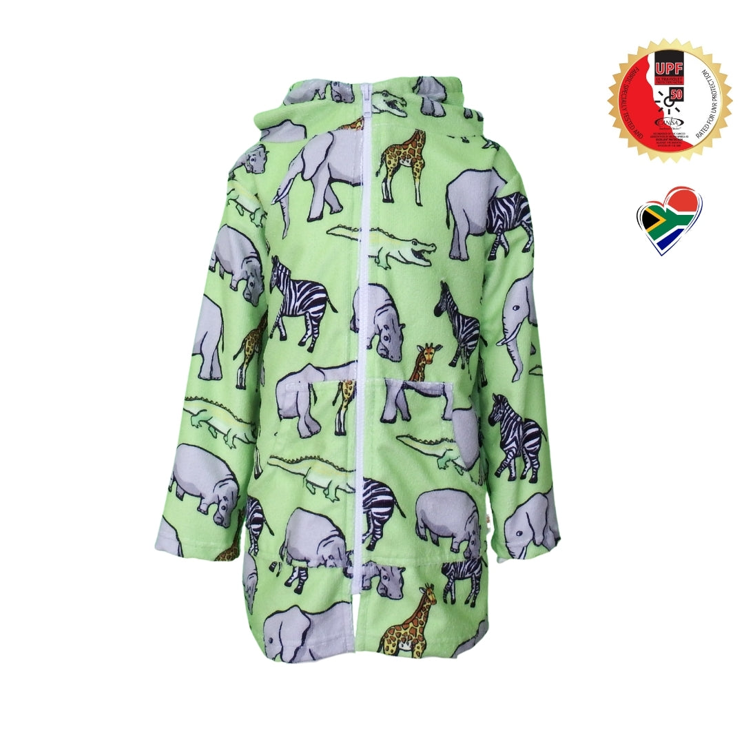 Green Safari Animals | Hooded Beach Towel, Full Zip