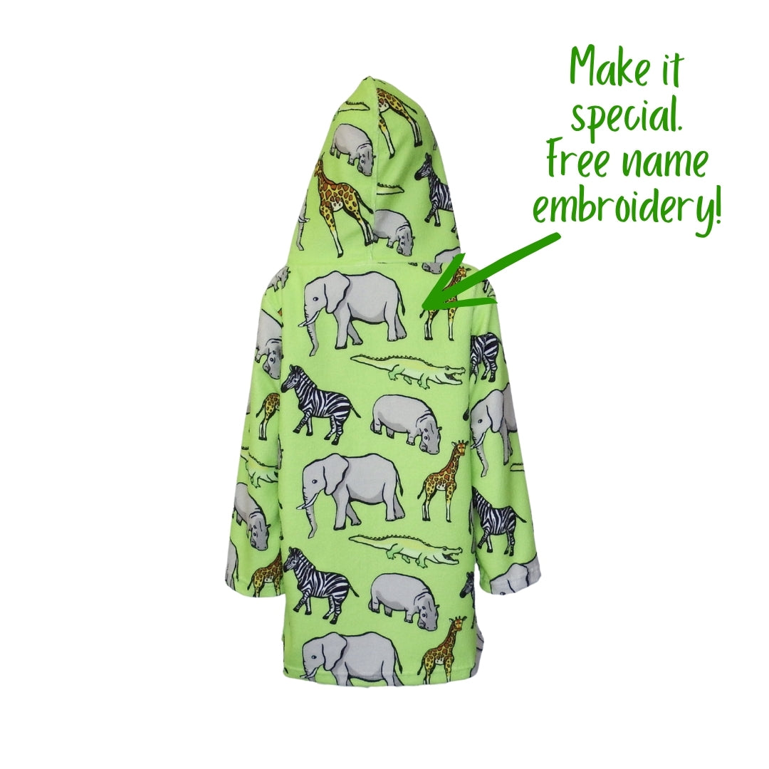 Green Safari Animals | Hooded Beach Towel, Full Zip