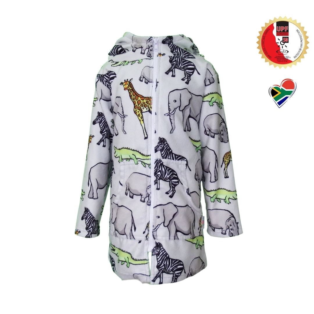 Grey Safari Animals | Hooded Beach Towel, Full Zip