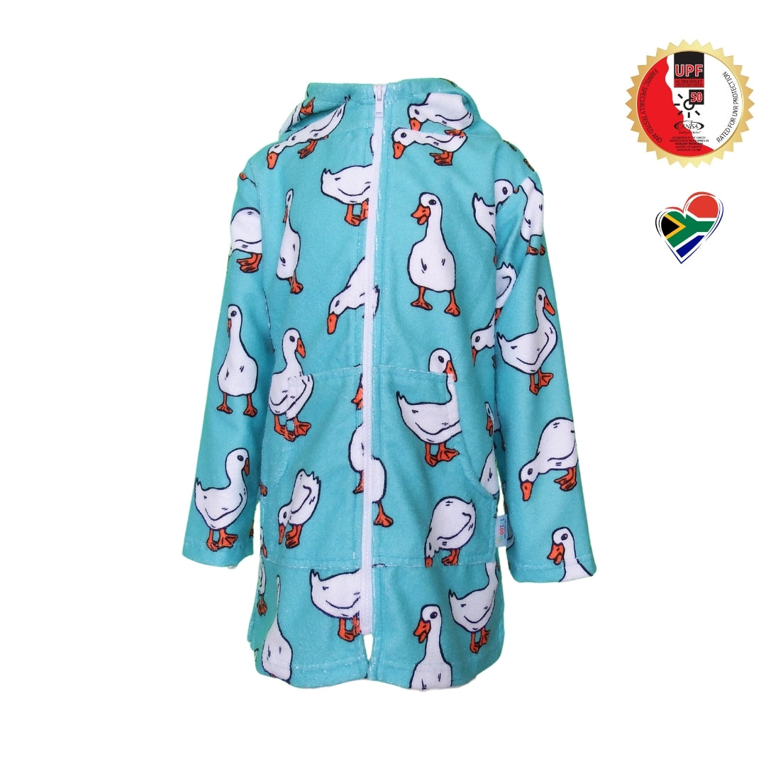 Teal White Ducks | Hooded Beach Towel, Full Zip