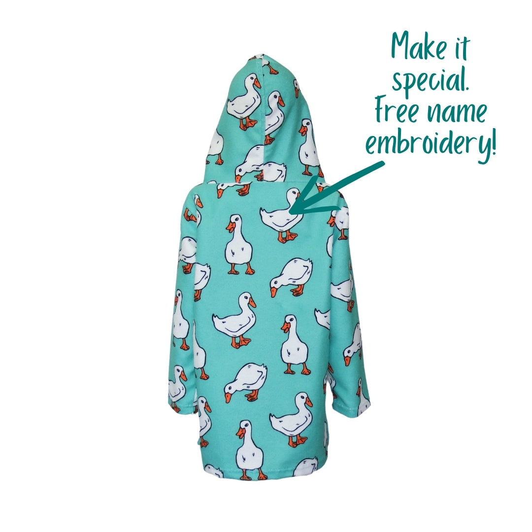 Teal White Ducks | Hooded Beach Towel, Full Zip