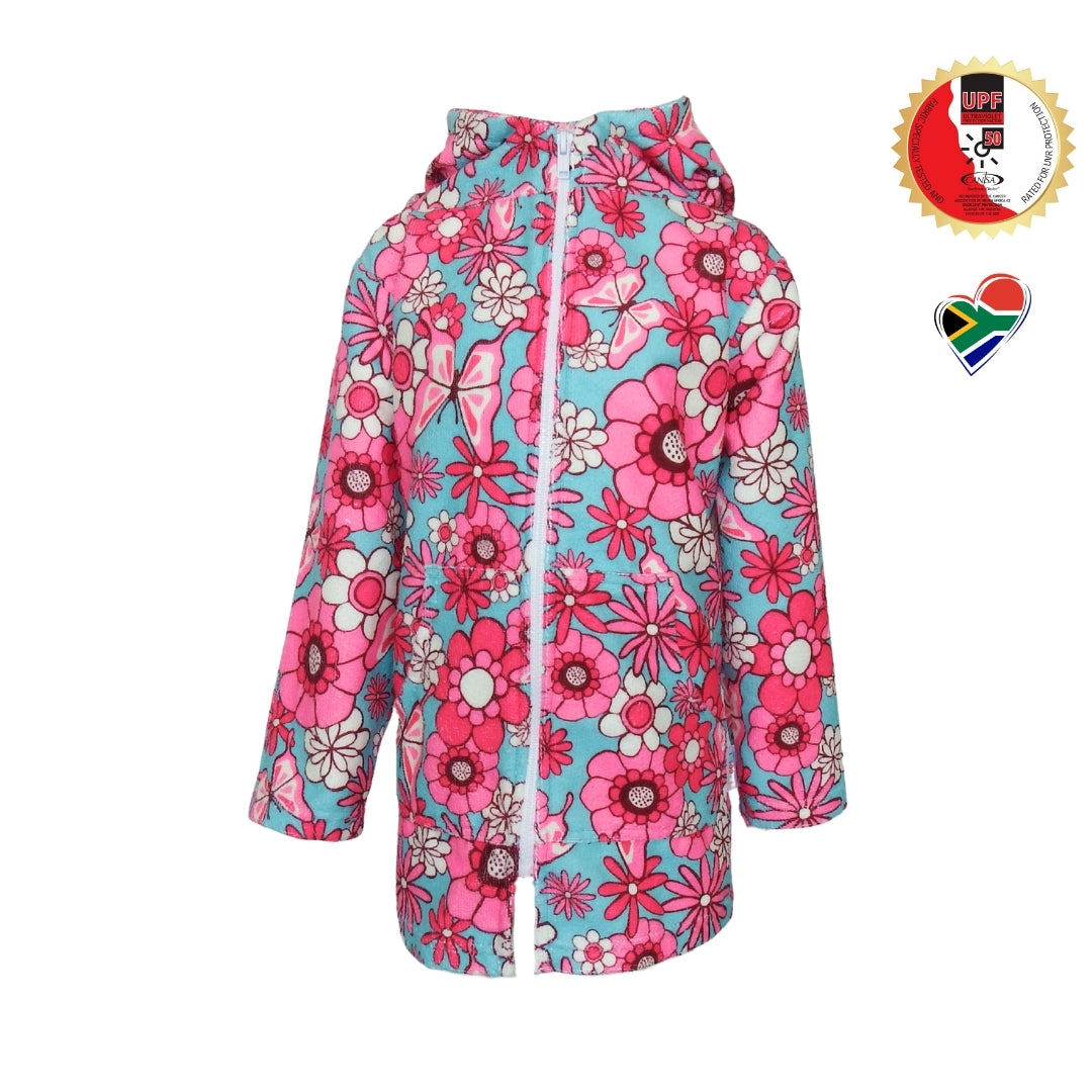 Pink Teal Floral & Butterflies| Hooded Beach Towel, Full Zip