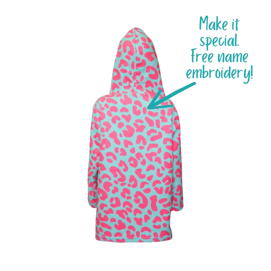 Teal Pink Leopard Print | Hooded Beach Towel, Full Zip