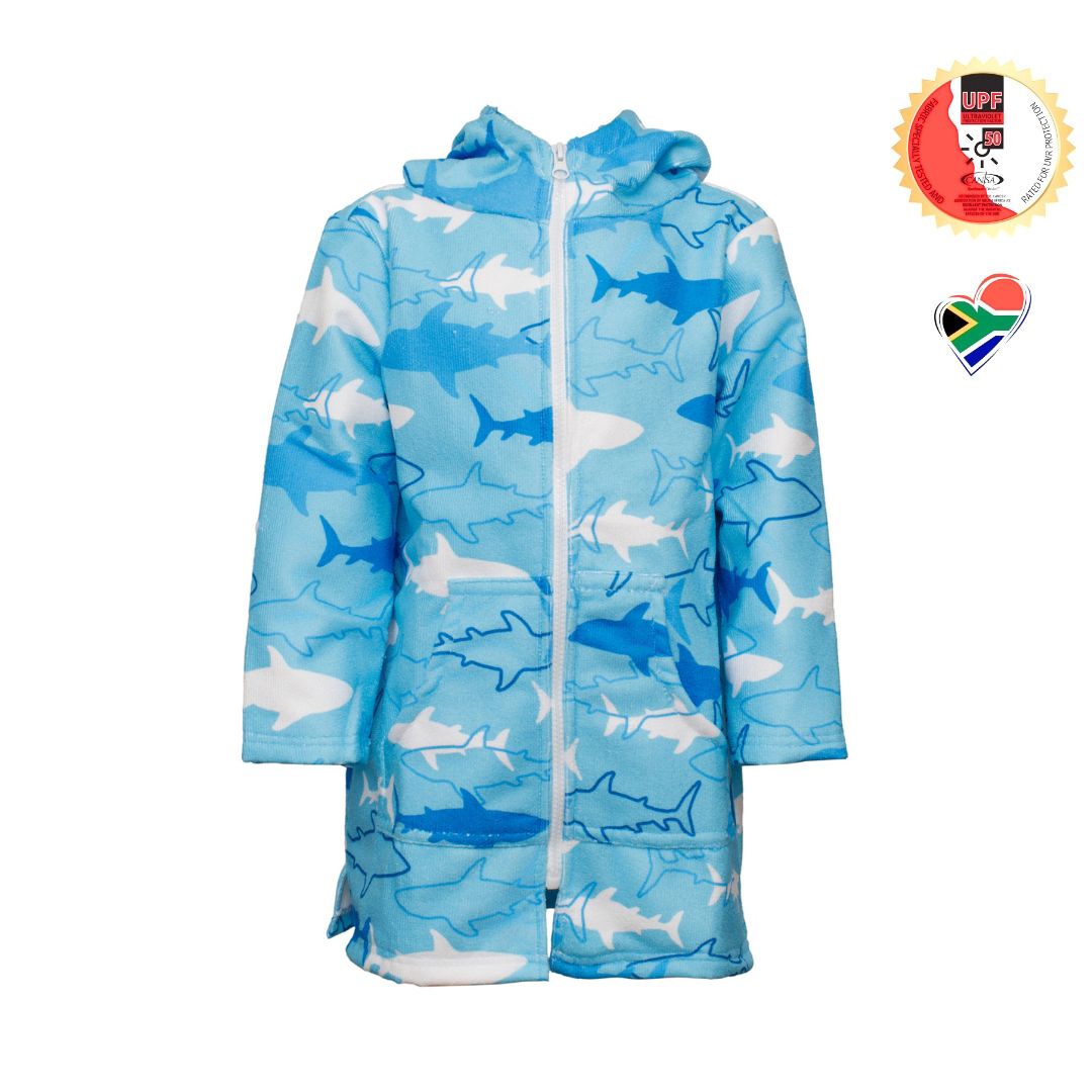 Boys Sharks Hooded Towel. Beach accessory. Hoodie to cover head. Long Sleeves. Front Zip & Pockets. UPF50+ Certified