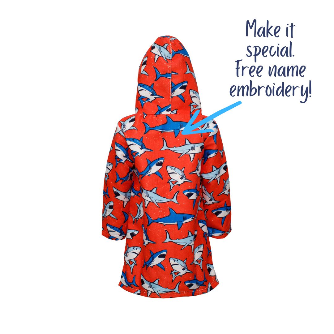 Boys Sharks Hooded Towel. Beach accessory. Hoodie to cover head. Long Sleeves. Front Zip & Pockets. UPF50+ Certified
