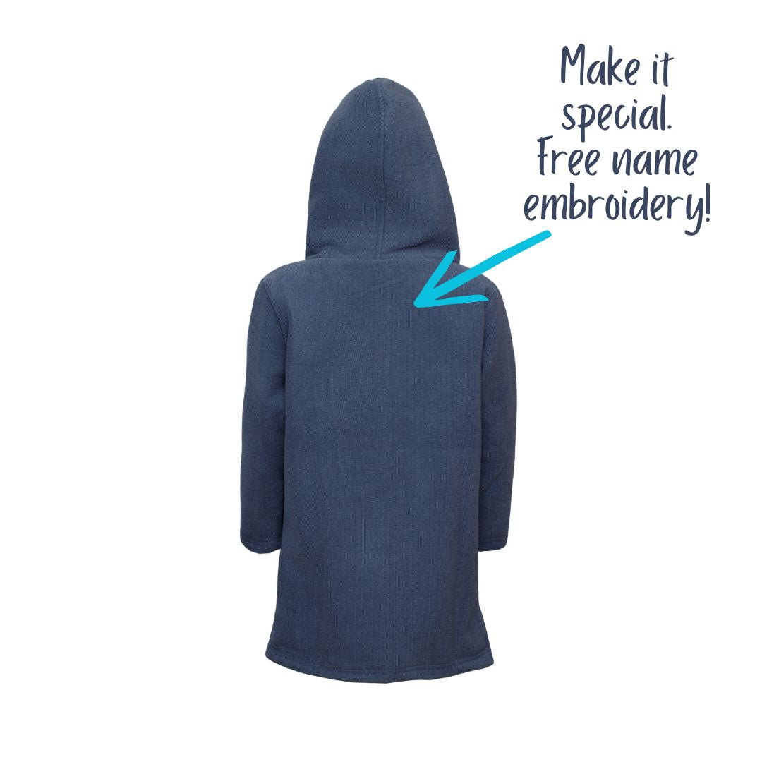 Kids Blue Navy Hooded Towel. Beach accessory. Hoodie to cover head. Long Sleeves. Front Zip & Pockets. UPF50+ Certified