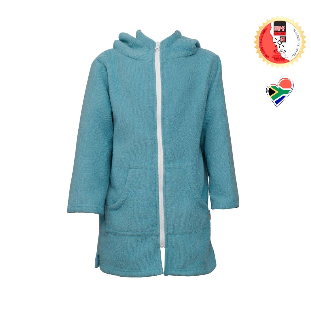 Kids Green Teal Navy Hooded Towel. Beach accessory. Hoodie to cover head. Long Sleeves. Front Zip & Pockets. UPF50+ Certified