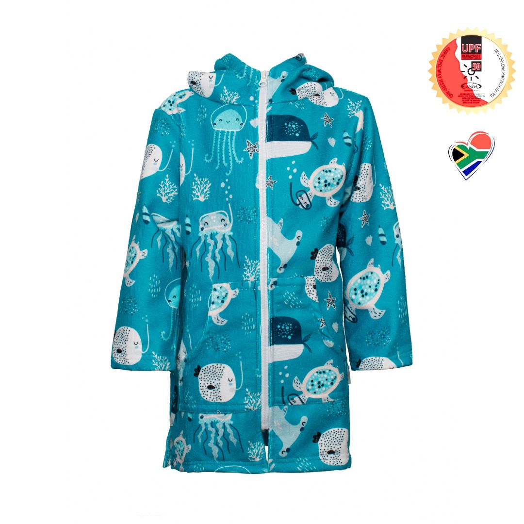 Boys Sea Creatures Hooded Towel | Full Zip, Long Sleeve
