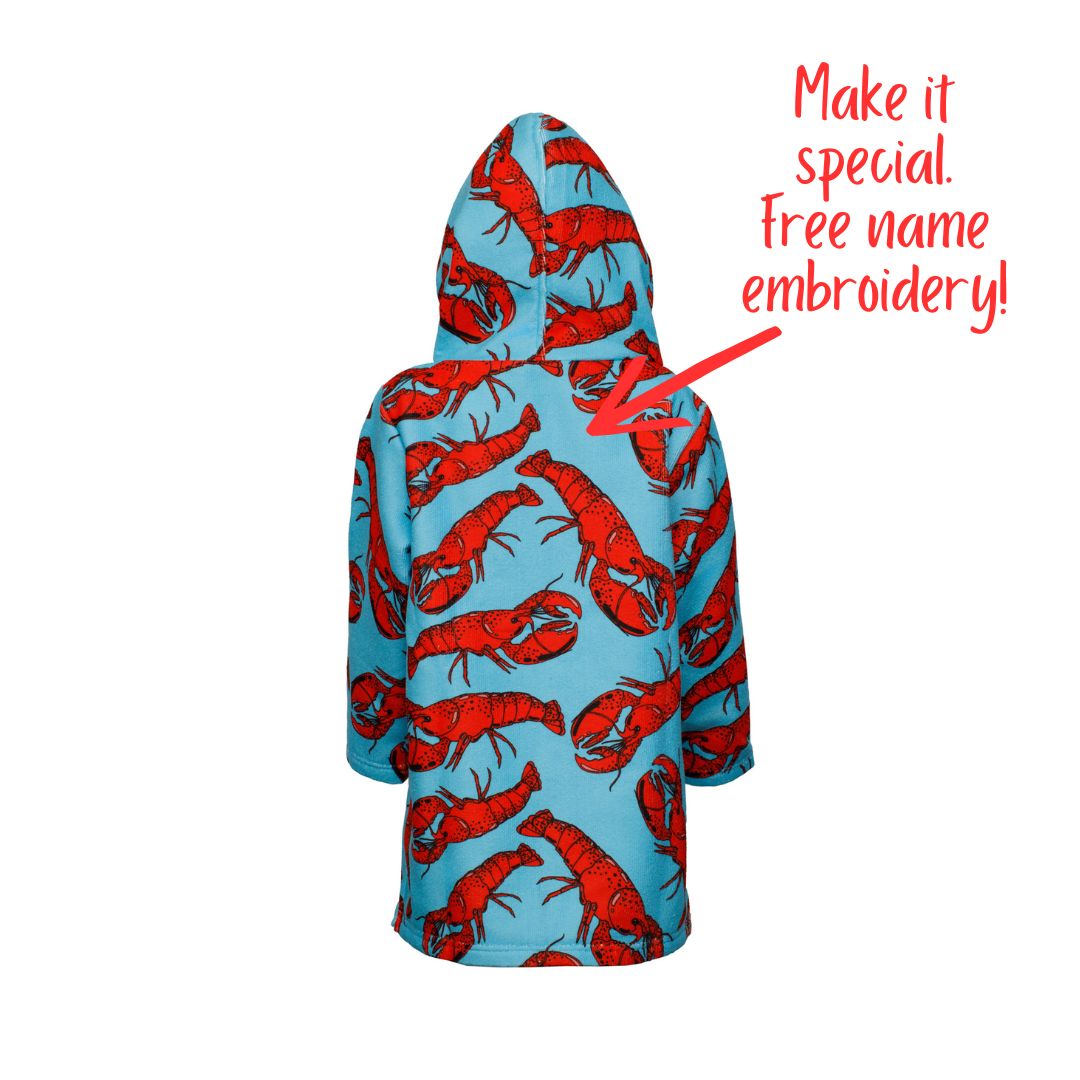 Boys Lobsters Sea Creatures Hooded Towel. Beach accessory. Hoodie to cover head. Long Sleeves. Front Zip & Pockets. UPF50+ Certified
