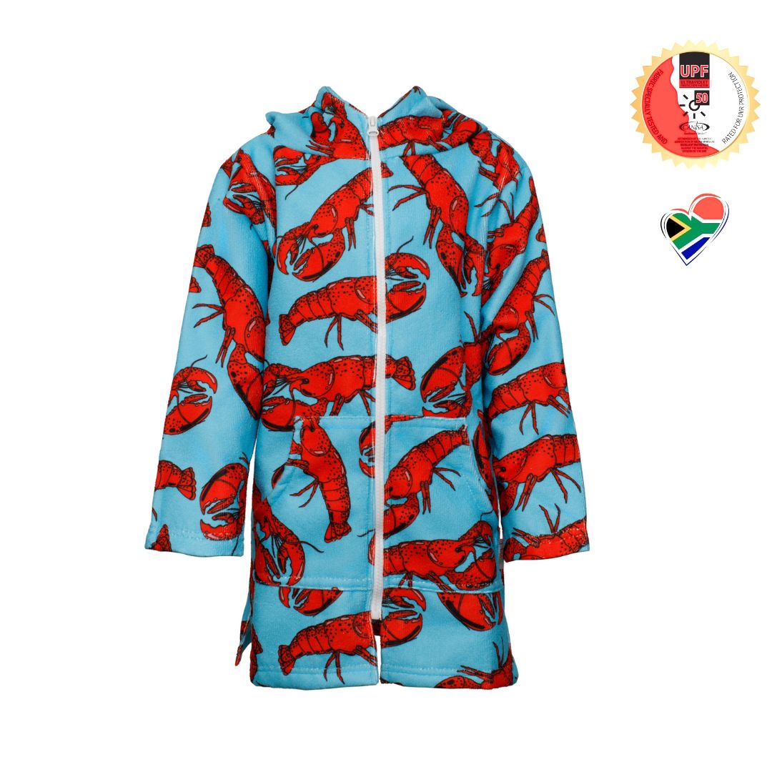 Boys Lobsters Sea Creatures Hooded Towel. Beach accessory. Hoodie to cover head. Long Sleeves. Front Zip & Pockets. UPF50+ Certified